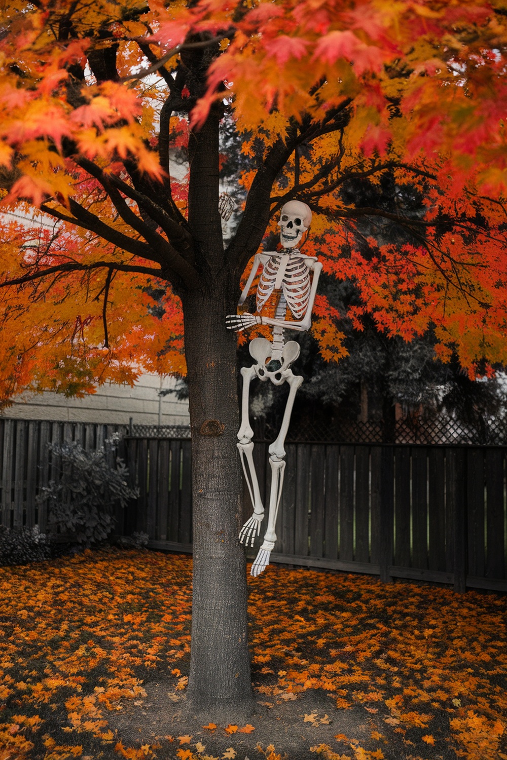 A skeleton climbing a tree surrounded by autumn leaves.