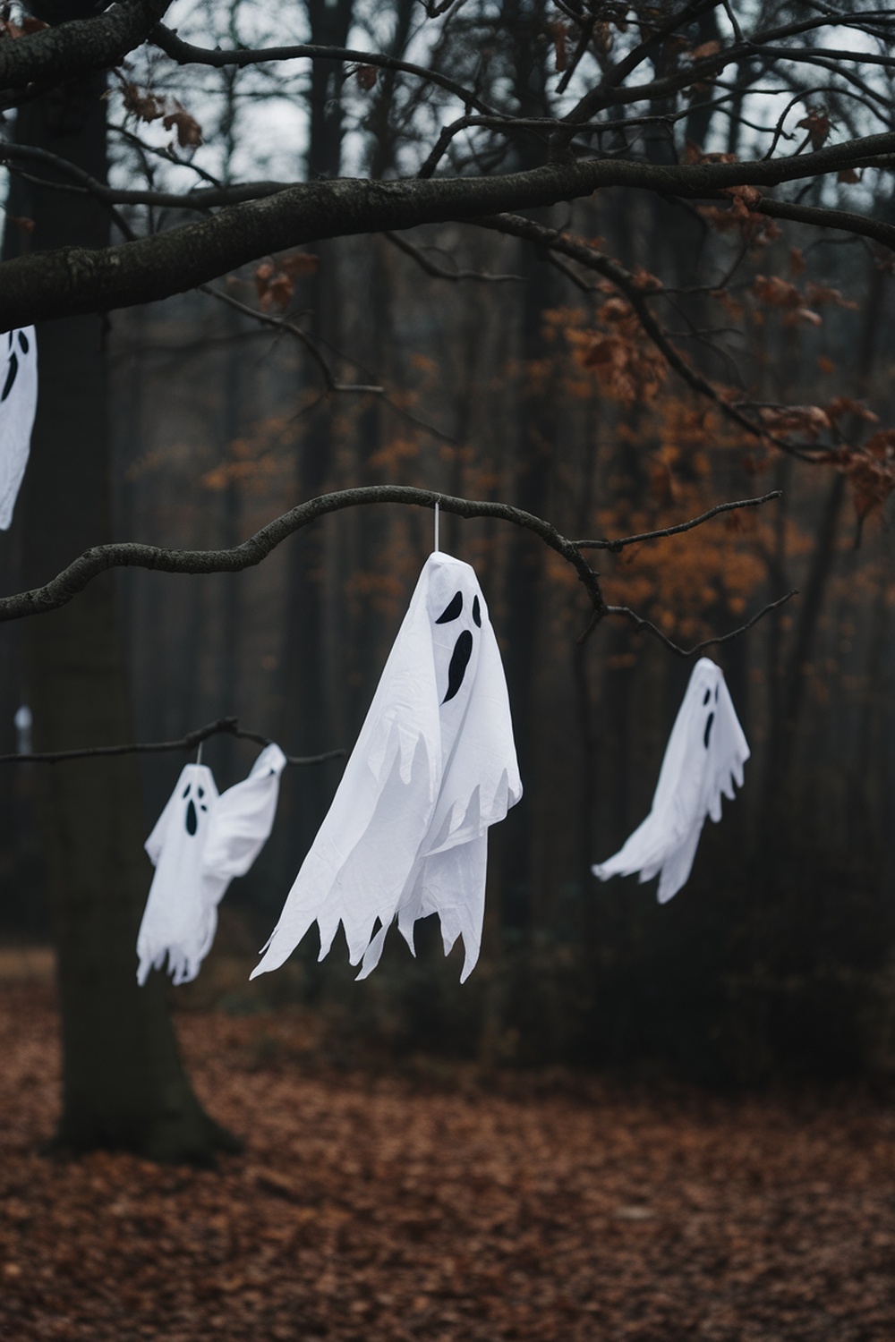 Creepy cloth ghosts hanging from tree branches in a forest setting.