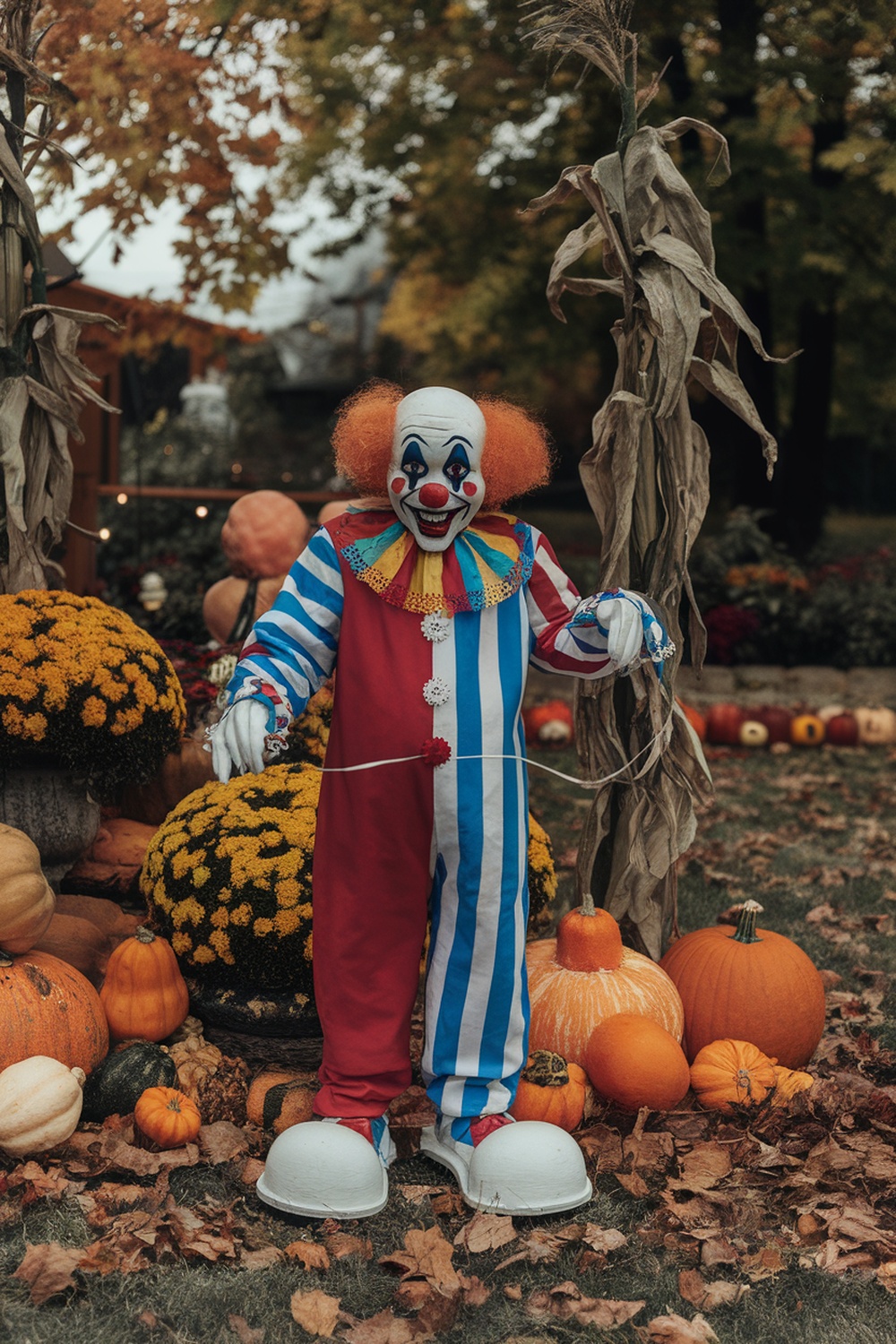 A creepy clown standing among pumpkins and fall decorations.