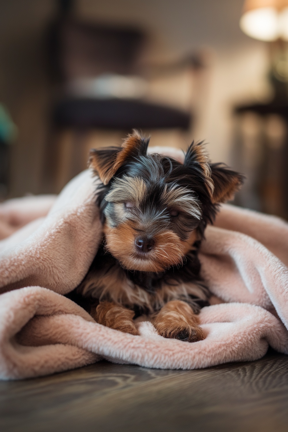 A brown Yorkie puppy wrapped in a soft blanket, looking cozy and adorable.