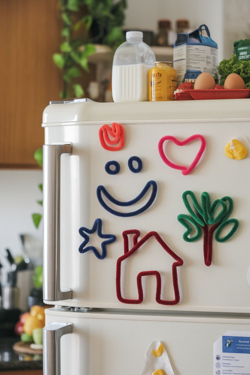 Colorful pipe cleaner magnets shaped like a smiley face, heart, star, house, and tree on a fridge.