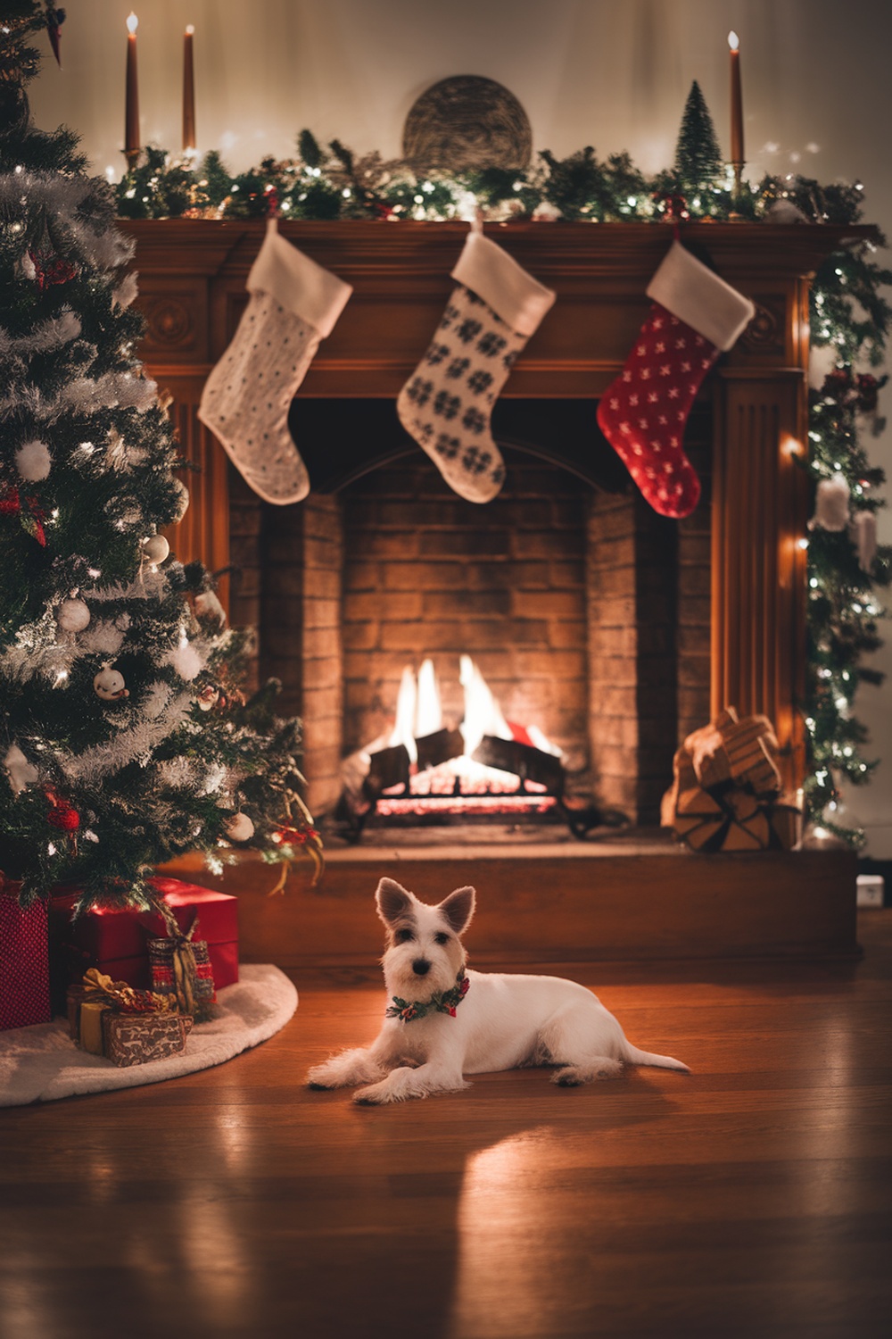 A Dandie Dinmont Terrier sitting in front of a cozy fireplace decorated for Christmas.