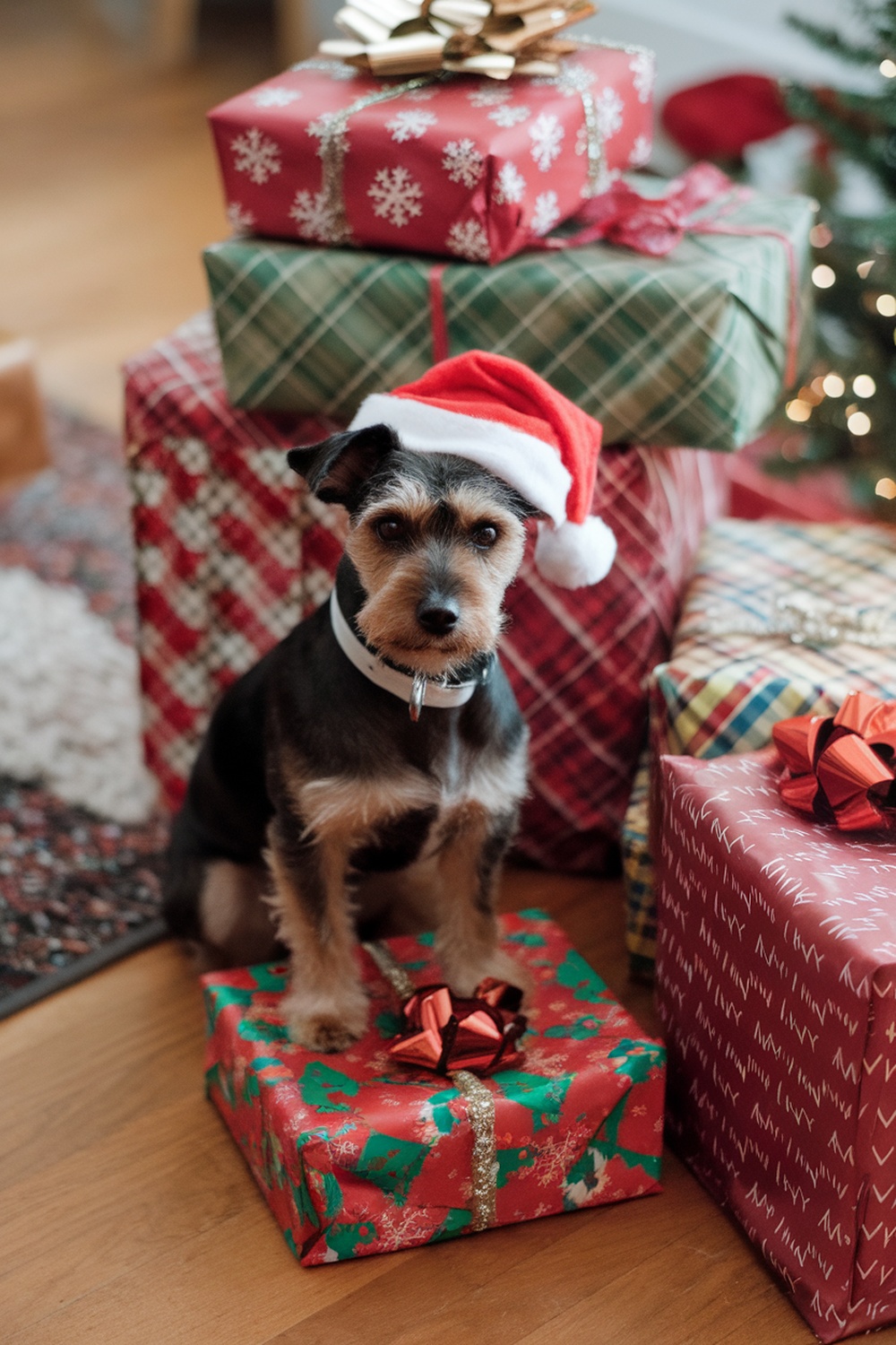 Dandie Dinmont Terrier wearing a Santa hat sitting on a Christmas gift