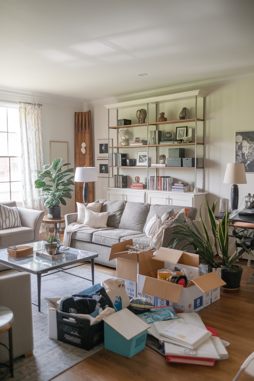 A living room with boxes and items scattered around, indicating a decluttering process.