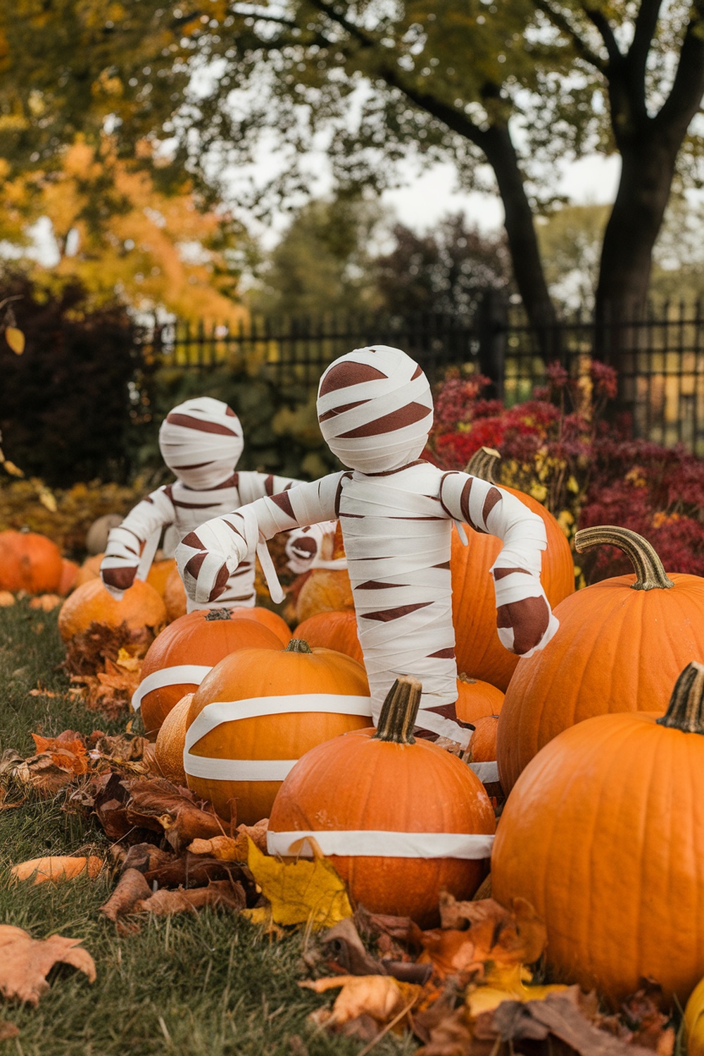 Two DIY mummy decorations among pumpkins and autumn leaves.