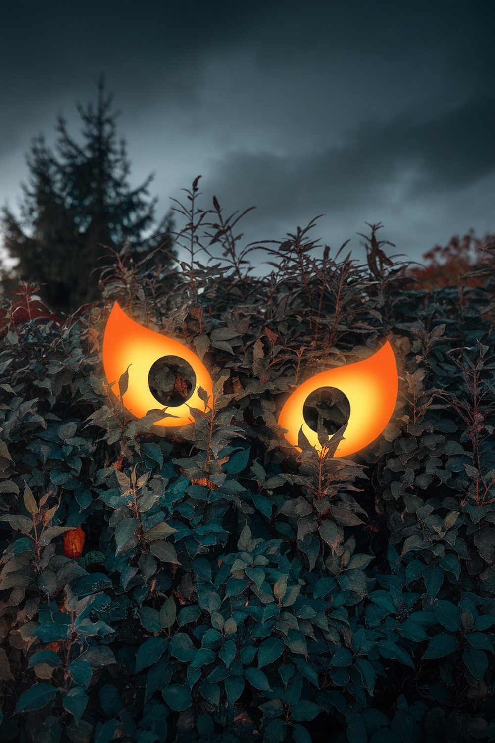 Glowing eyes peeking out from a bush, creating a spooky Halloween decoration.
