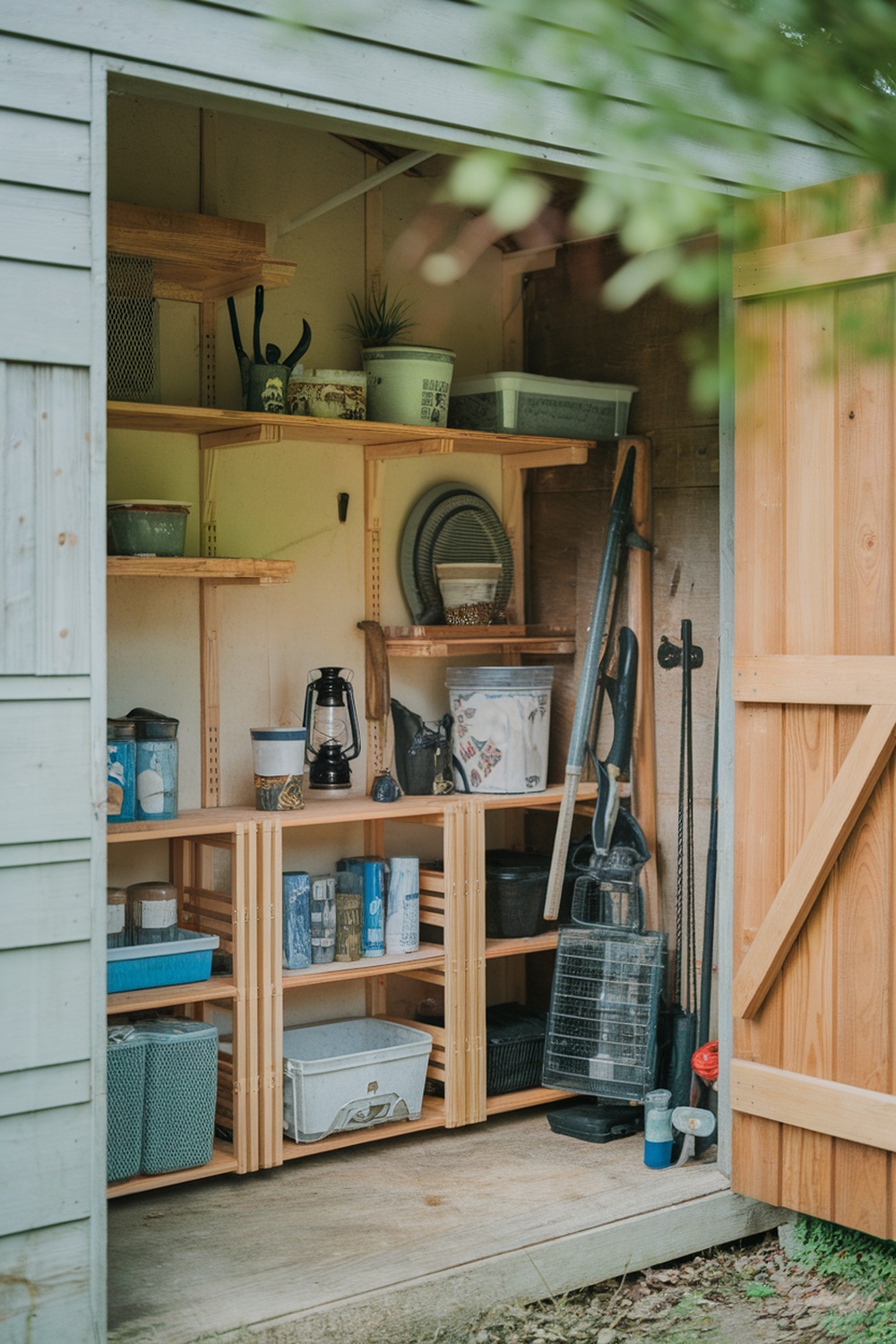 A small shed with wooden DIY shelving units organized with various tools and containers.