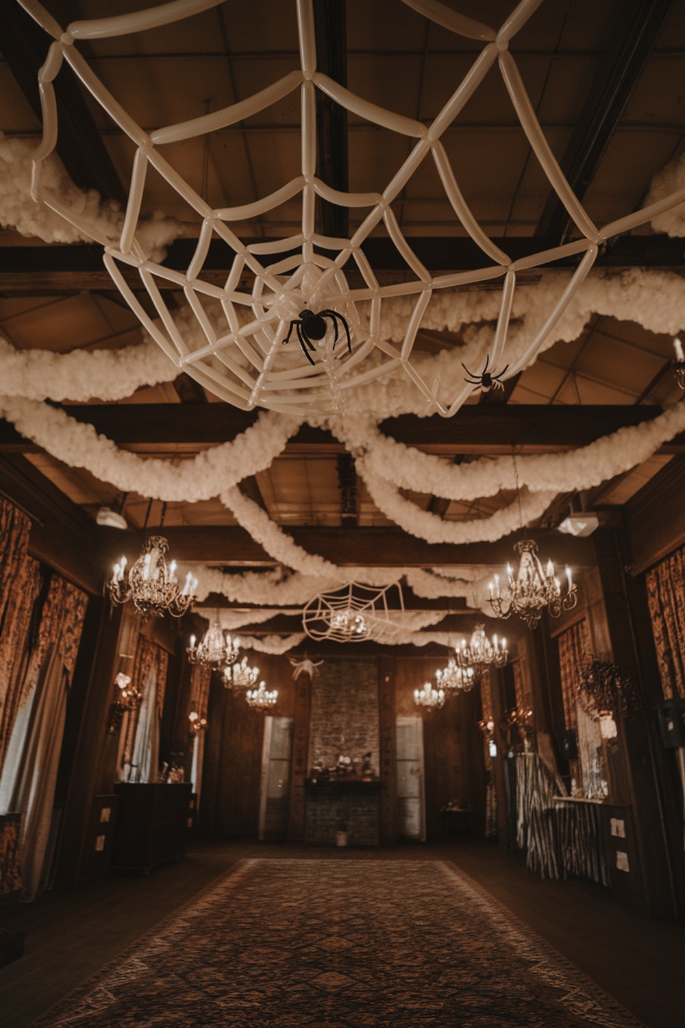 A spooky indoor setting with balloon spider decorations and a web.