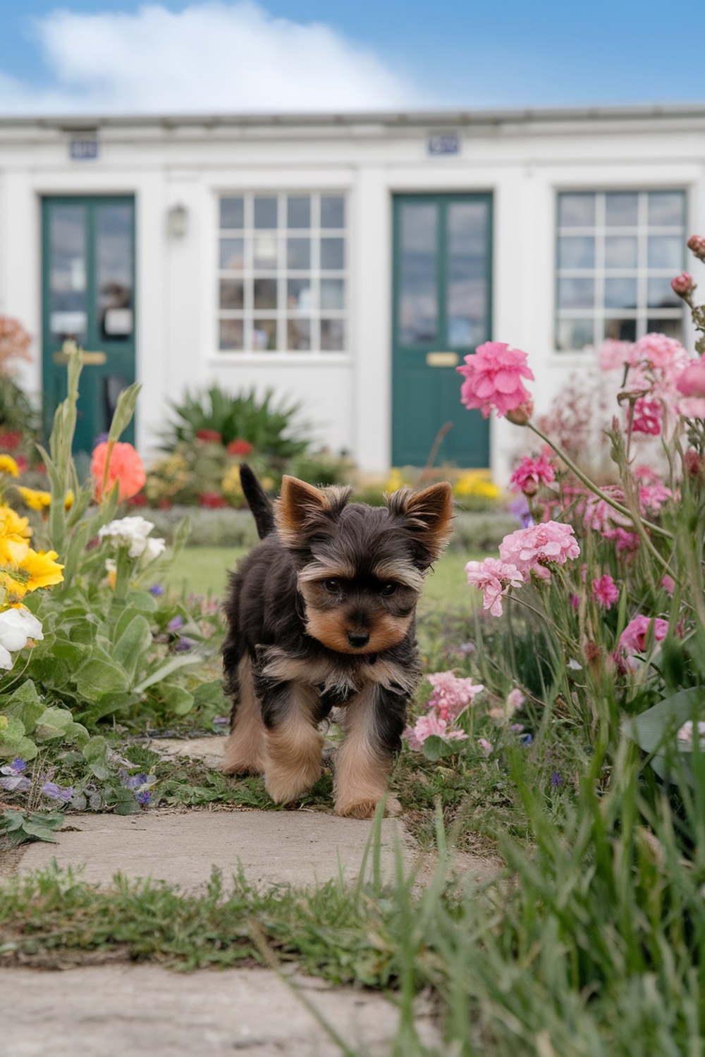 A brown Yorkie puppy walking through a colorful flower garden.