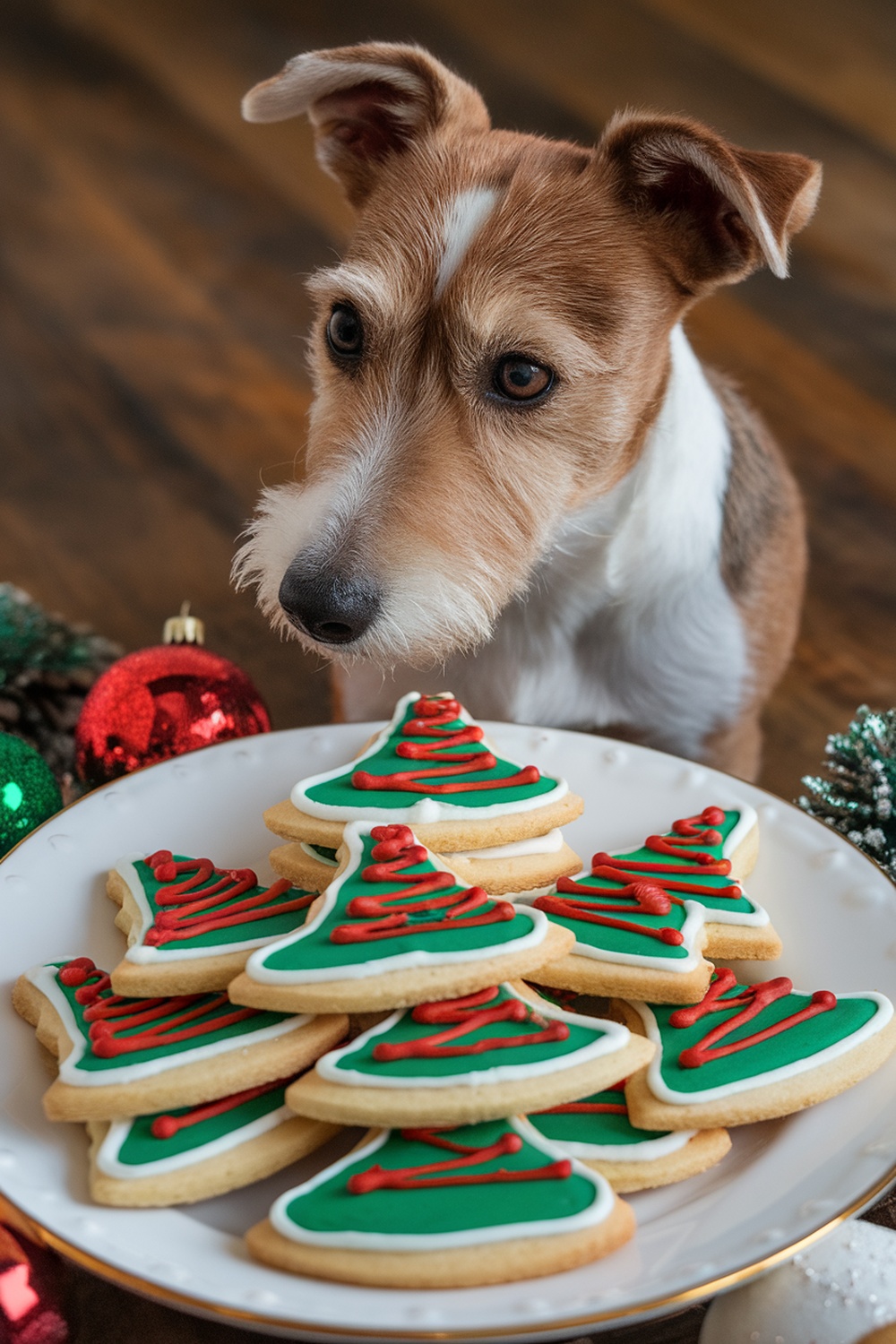 Fox Terrier looking at Christmas cookies on a plate.