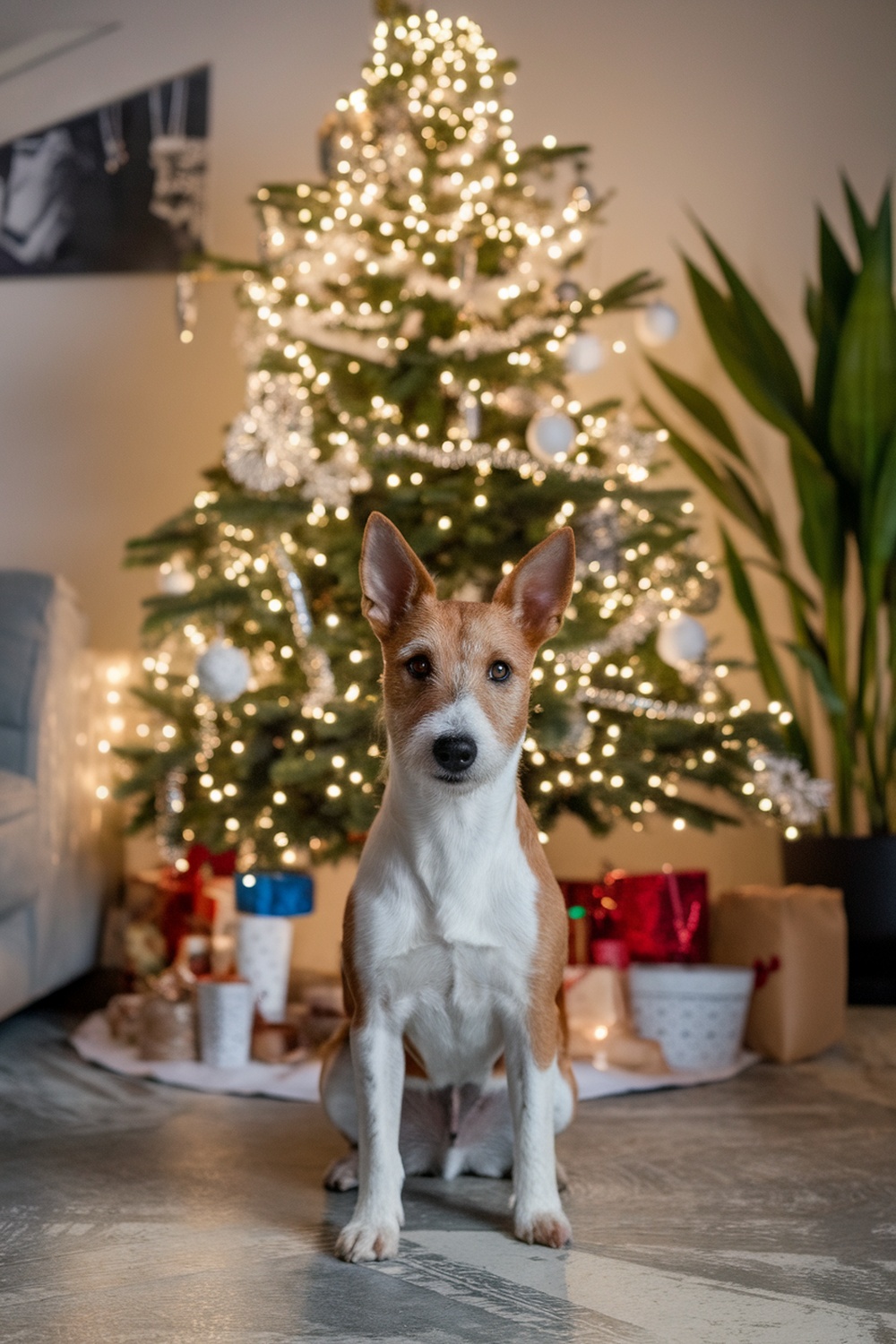 A Fox Terrier sitting in front of a Christmas tree adorned with lights and gifts.
