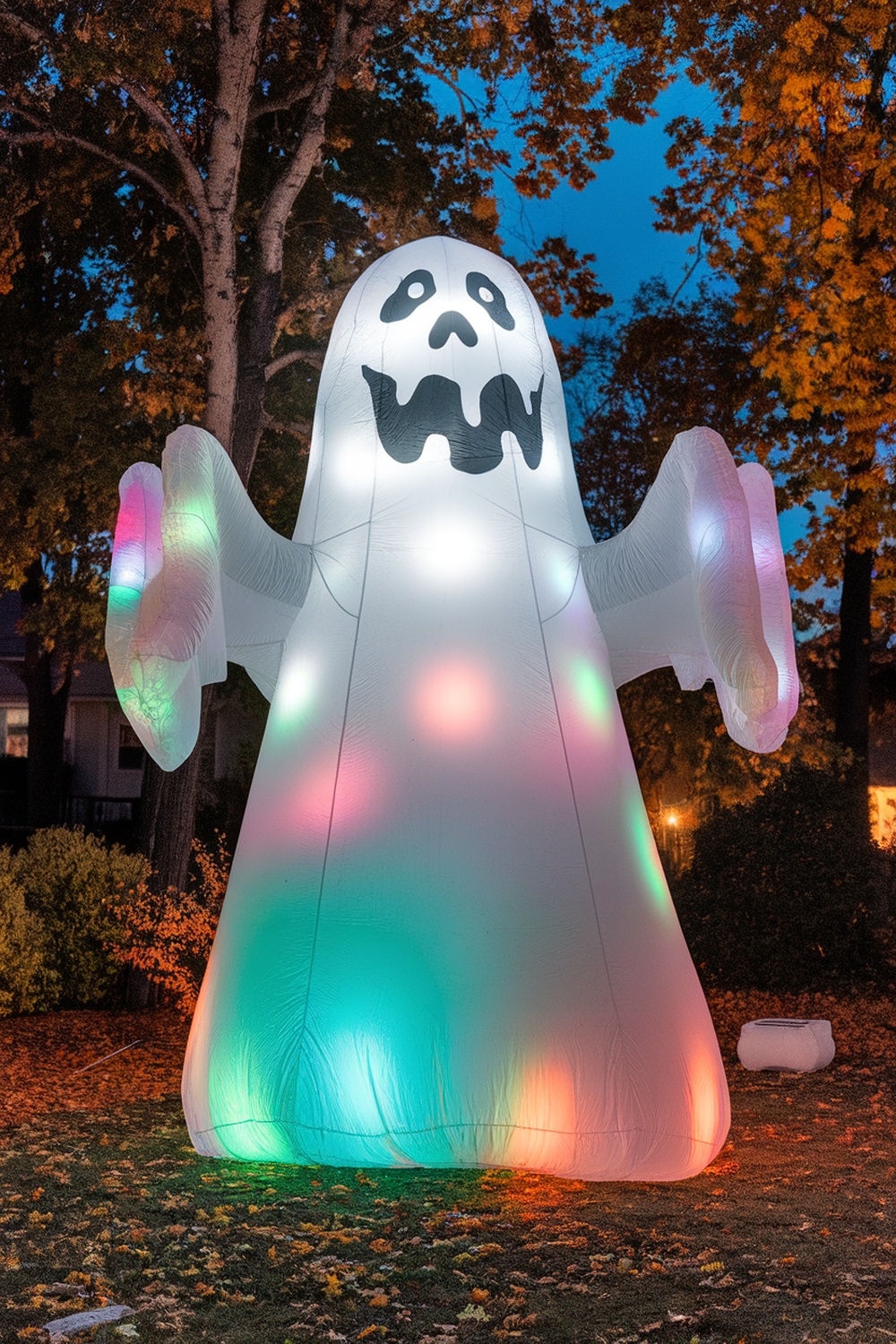 A giant inflatable ghost with colorful lights in a yard surrounded by trees.