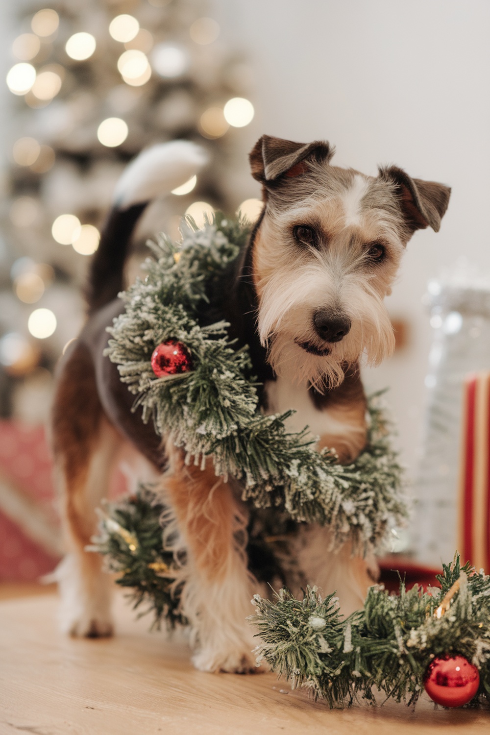 Glen of Imaal Terrier wearing a festive garland