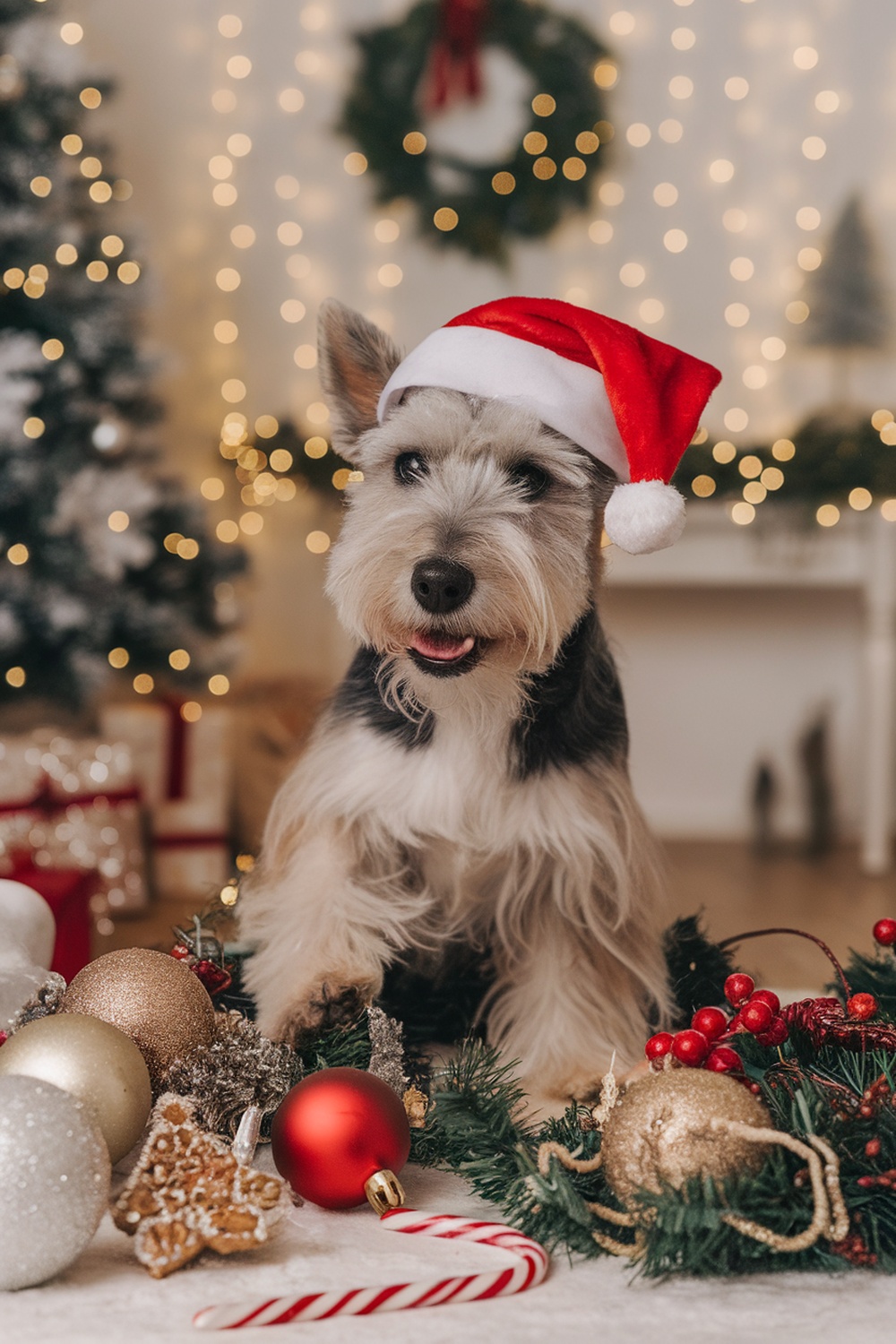 Glen of Imaal Terrier wearing a Santa hat, surrounded by Christmas decorations