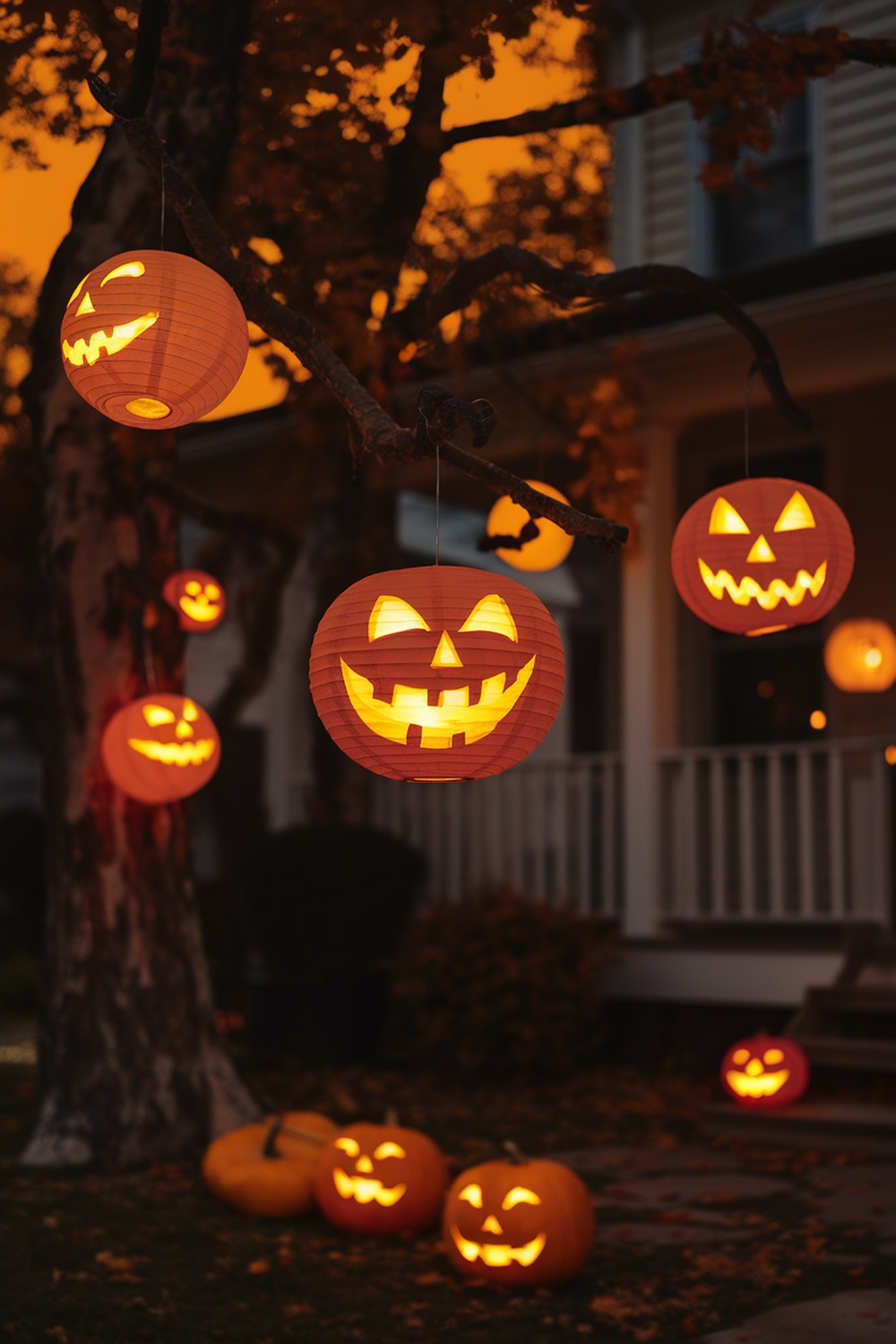Hanging lanterns with spooky faces illuminated in an outdoor setting