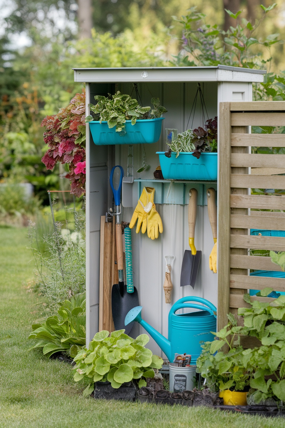 A small shed with hanging planters filled with plants and organized garden tools.