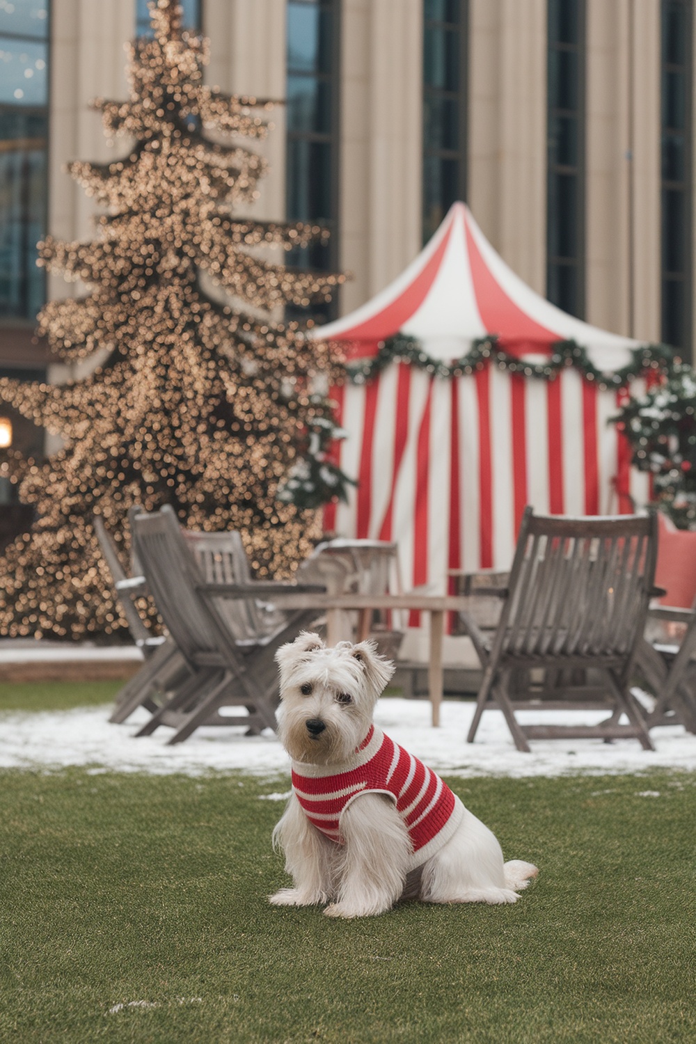 Havanese Terrier in a red and white sweater with a festive background