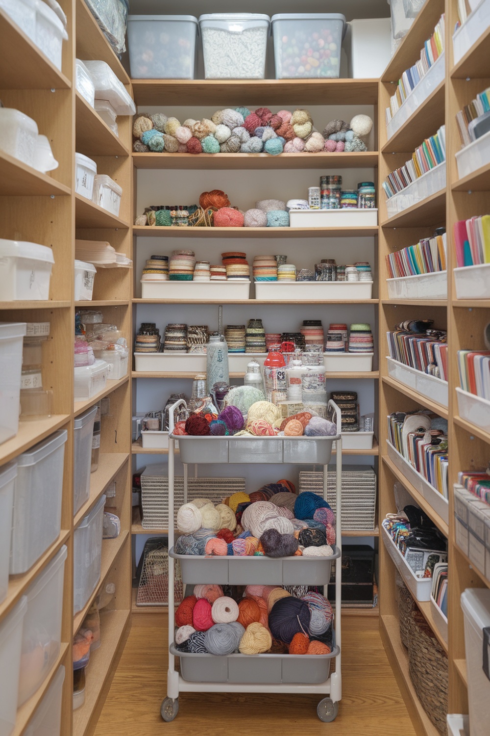 A well-organized storage room featuring a rolling cart filled with colorful yarns and neatly arranged supplies on shelves.