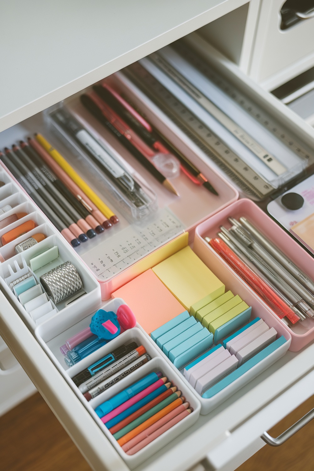Organized drawer with various stationery items and dividers.