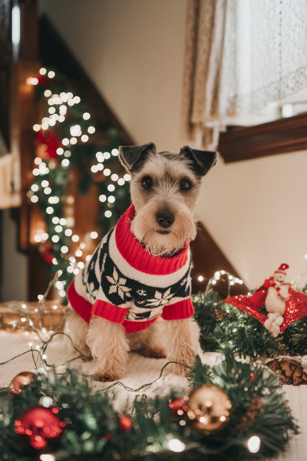 Irish Terrier in a holiday sweater surrounded by Christmas decorations and lights.