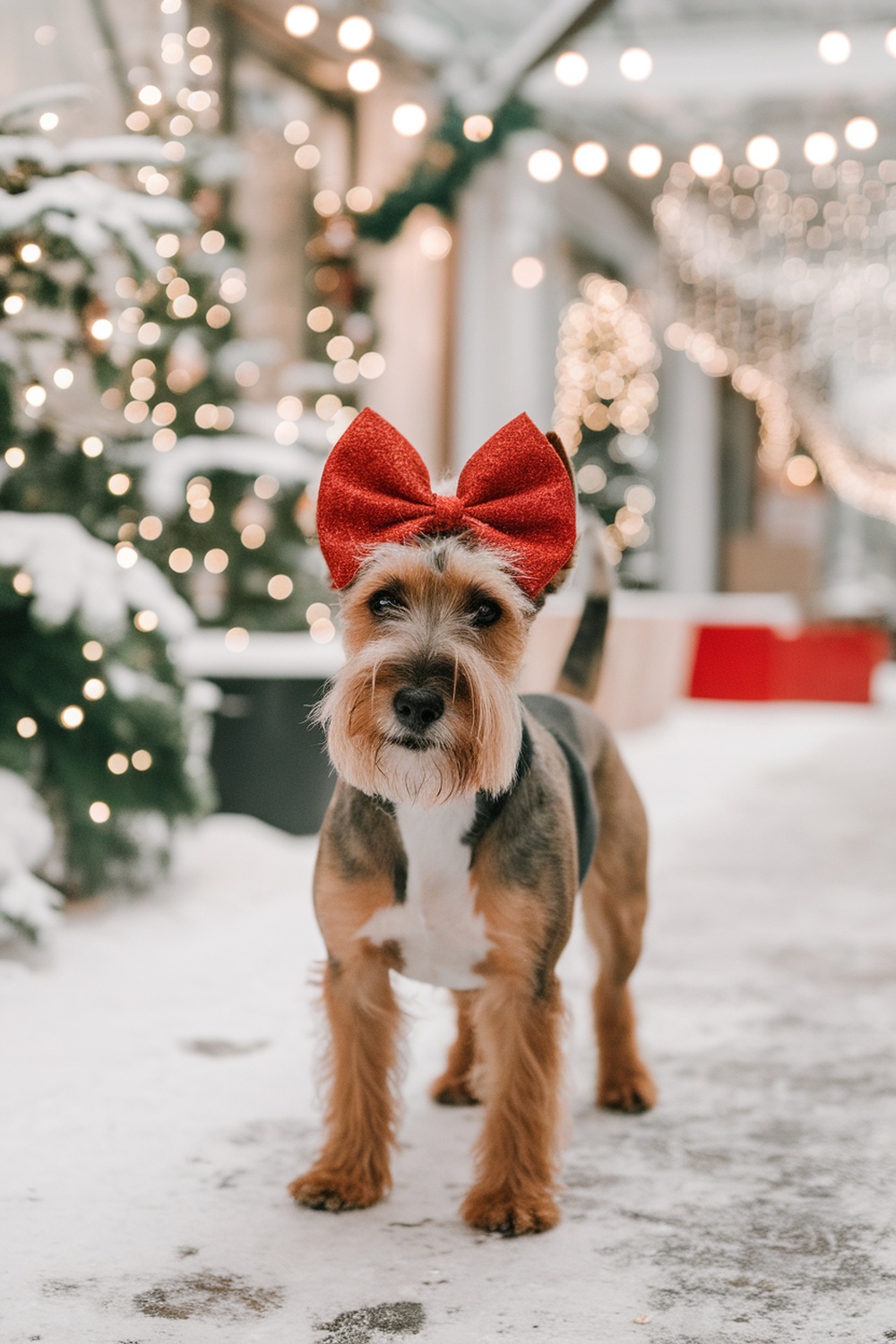 An Irish Terrier wearing a red holiday bow in a snowy setting with festive lights.