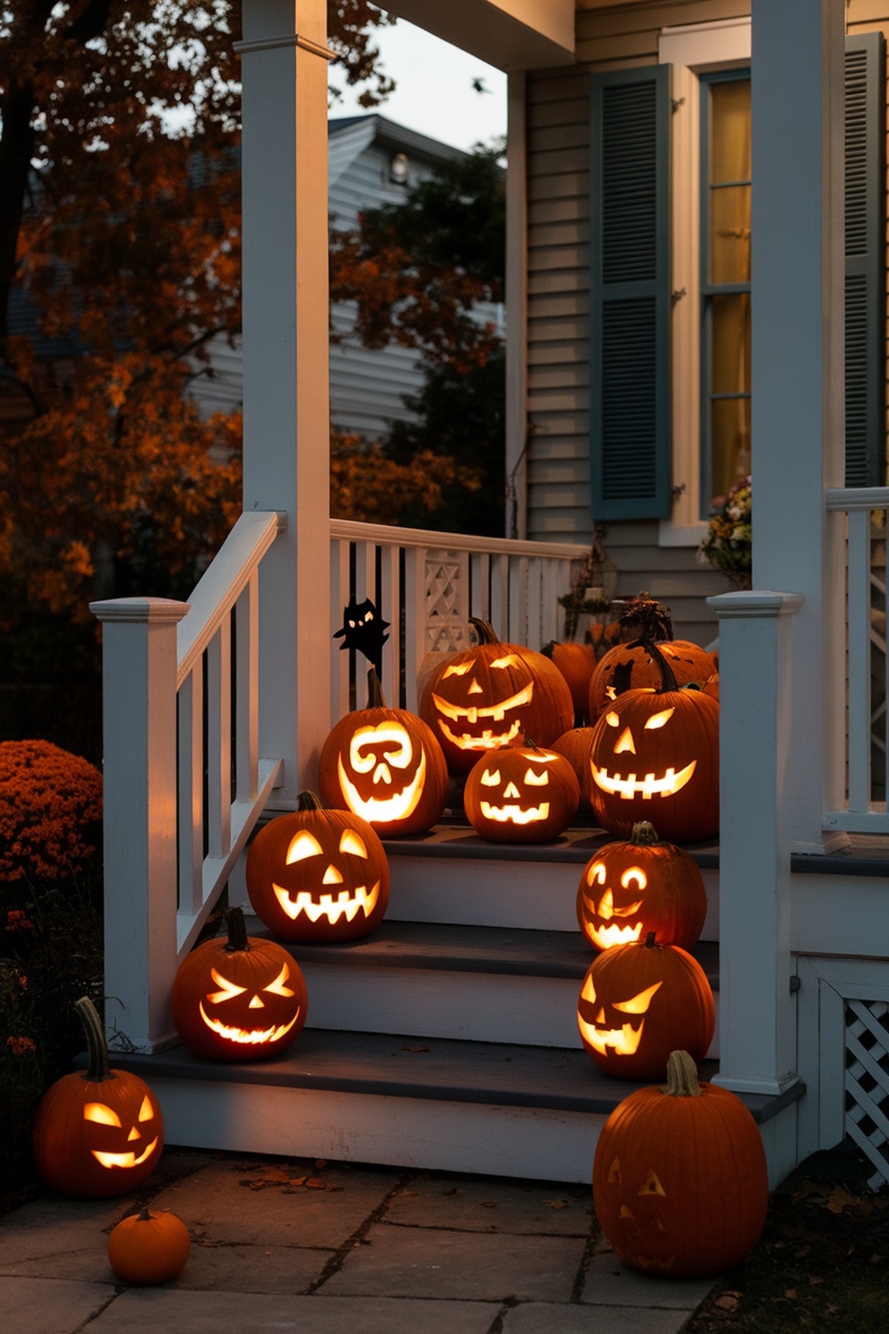 A collection of creatively carved jack-o'-lanterns on a porch, glowing warmly in the evening light.