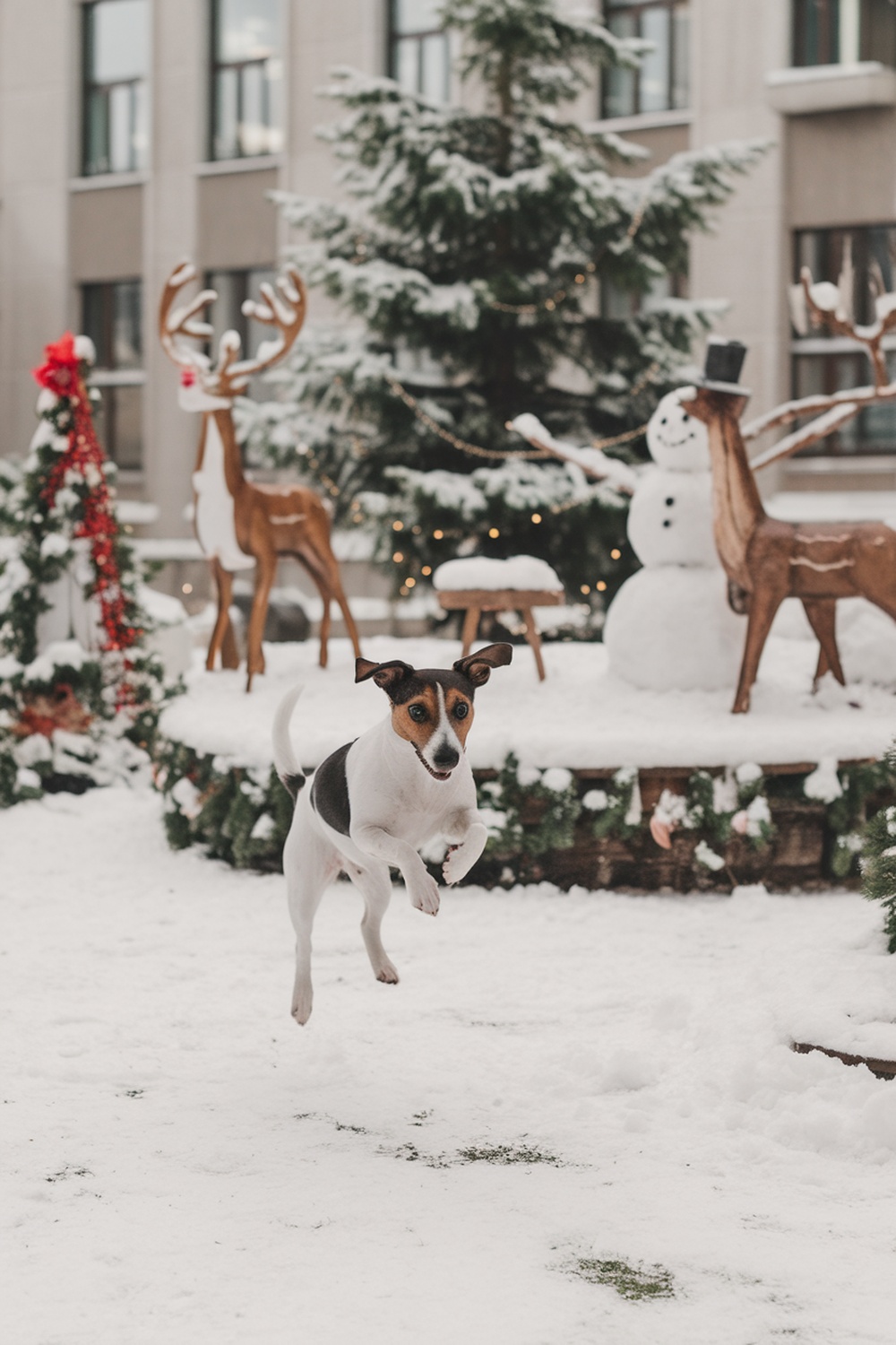 A Jack Russell Terrier jumping in the snow with festive decorations in the background.