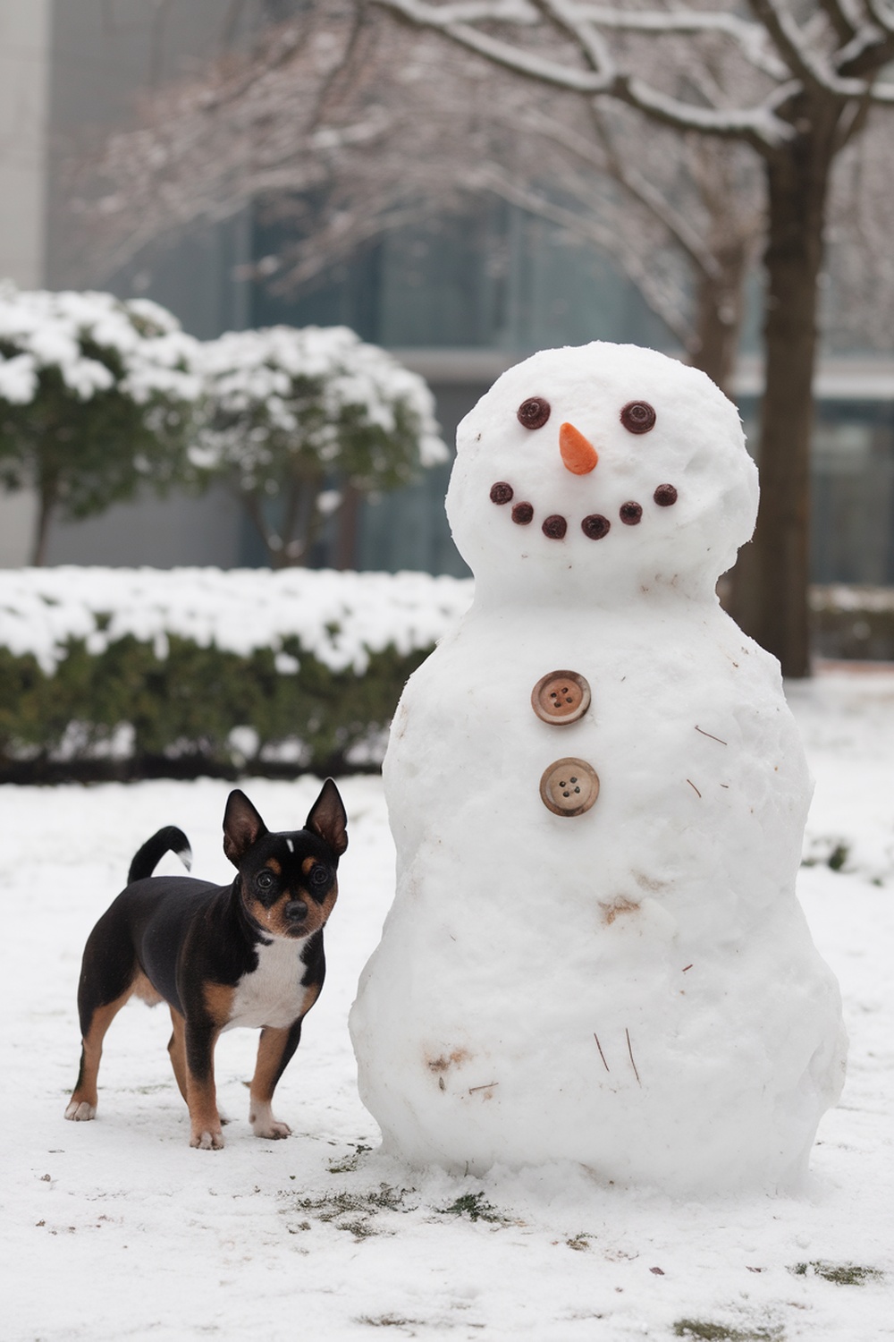 A Japanese Chin Terrier stands beside a snowman in a snowy setting.