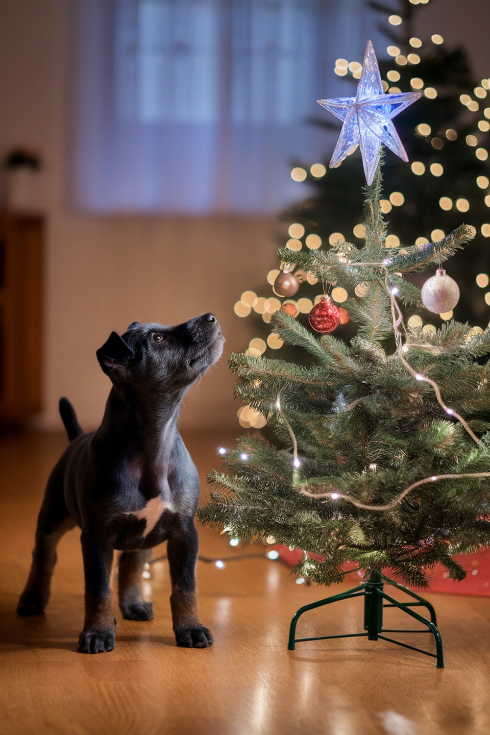 Kerry Blue Terrier looking at a Christmas tree with a star on top