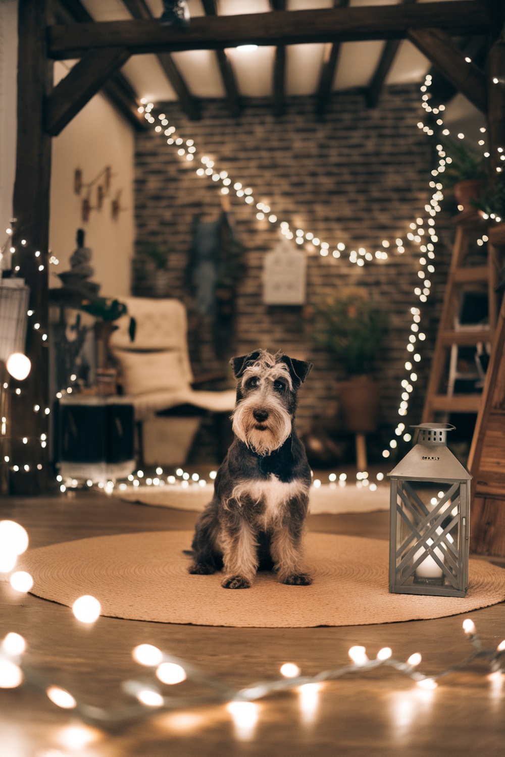 Kerry Blue Terrier sitting on a rug with holiday lights in the background