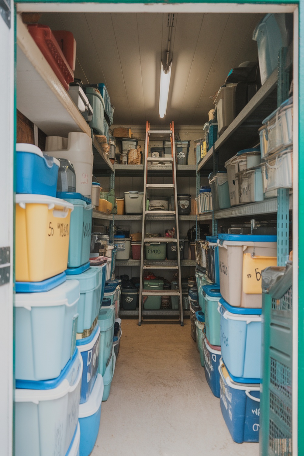 Organized shed with labeled containers on shelves.