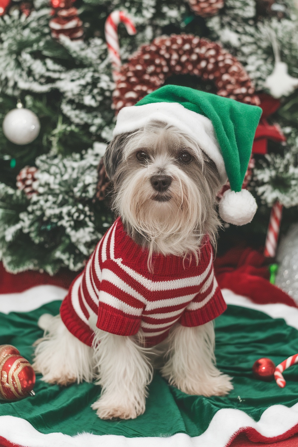 Lhasa Apso terrier mix wearing a red and white striped sweater and a green Santa hat, sitting on a festive backdrop.