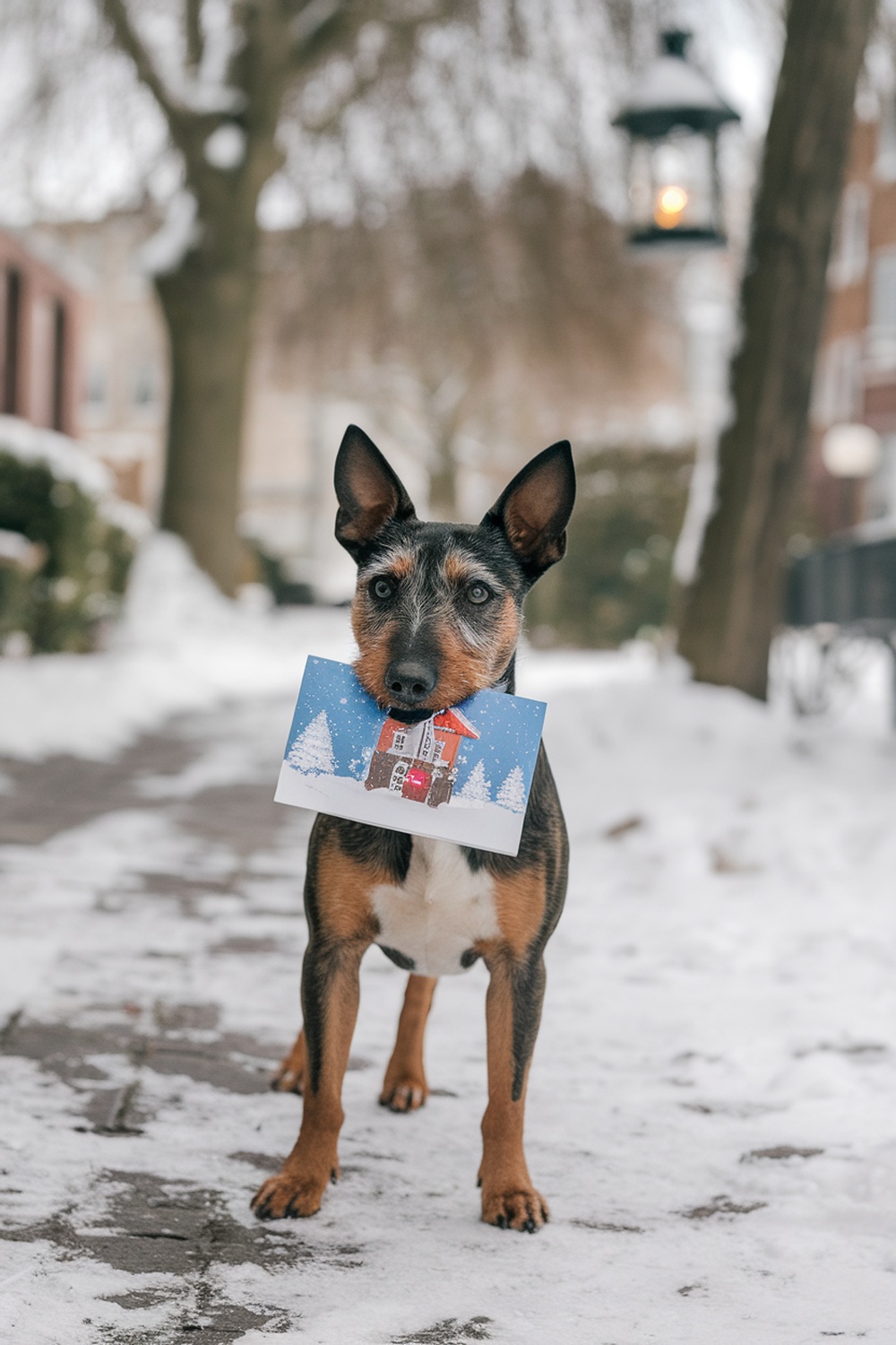 A Manchester Terrier holding a Christmas card in the snow.