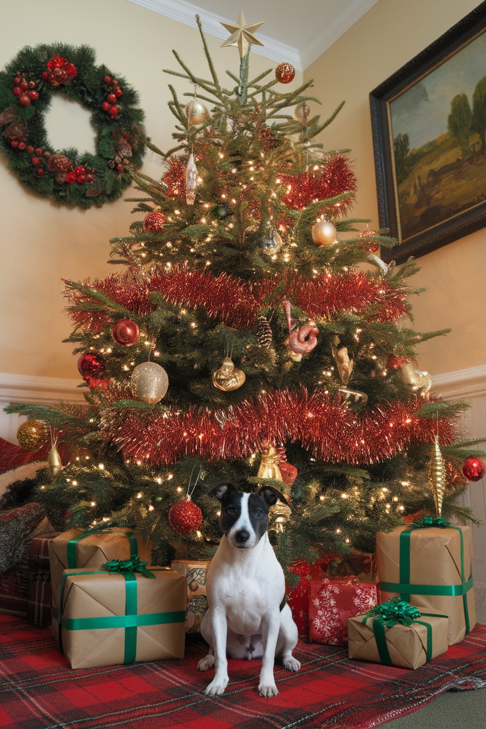 A Manchester Terrier sitting in front of a beautifully decorated Christmas tree with presents.