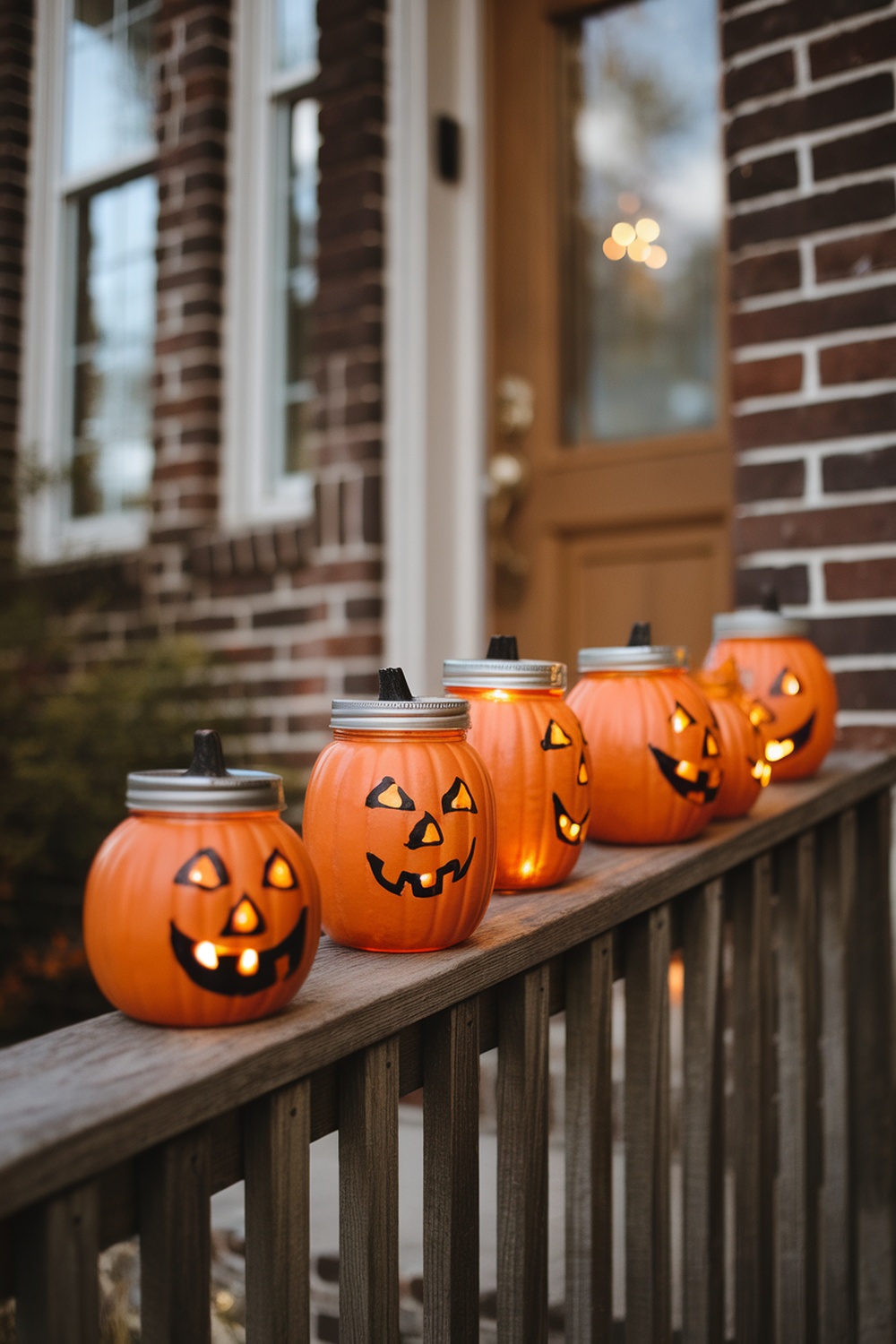 Mason jar pumpkin lights lined up on a porch railing