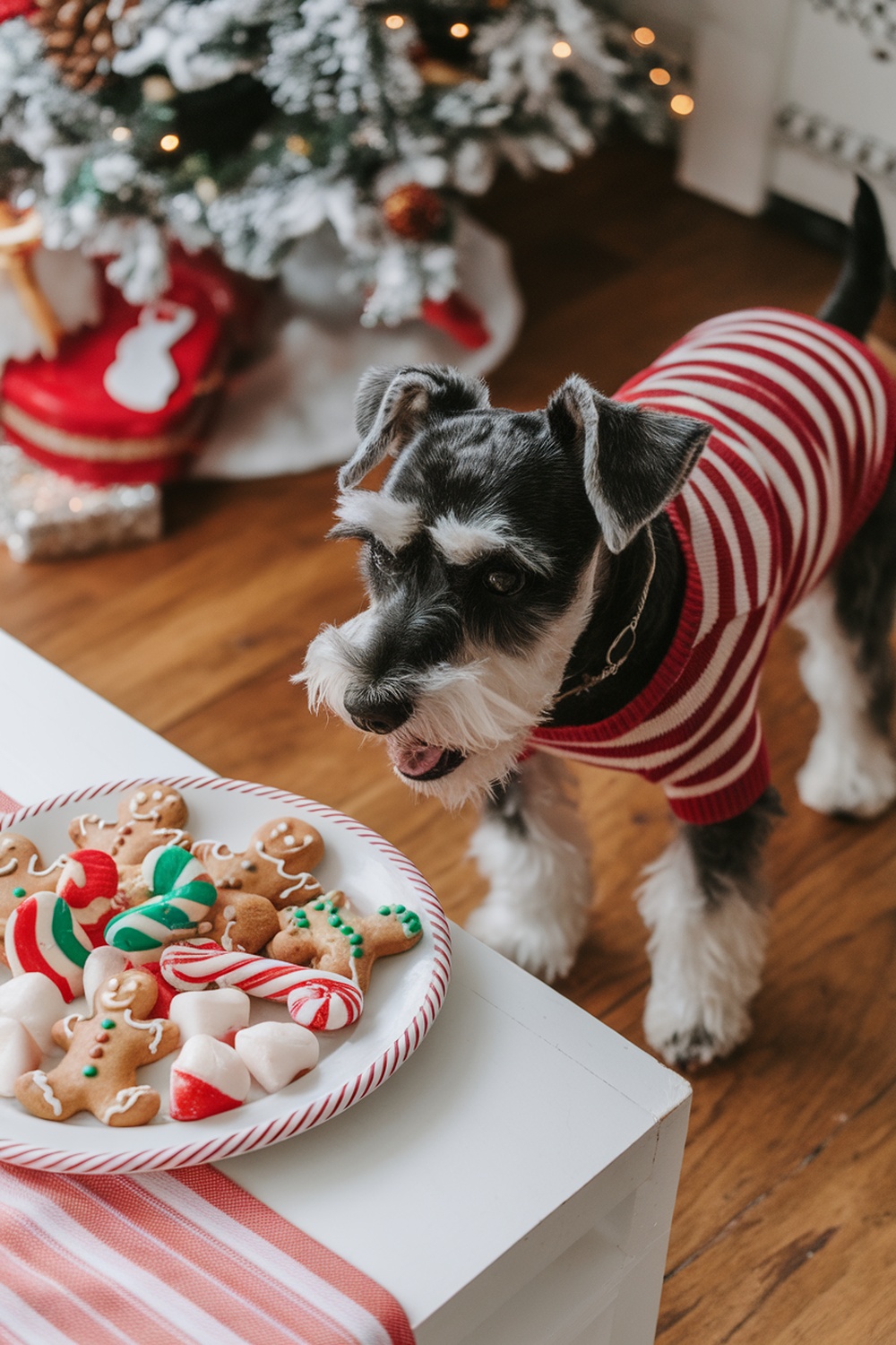 A Miniature Schnauzer in a striped sweater looking at a plate of holiday cookies.