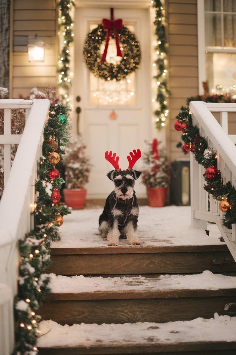 Miniature Schnauzer wearing reindeer antlers on snowy steps decorated for Christmas.