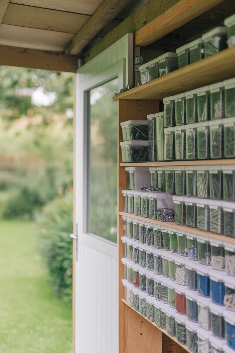 Organized shed with clear containers for nails and screws on shelves.