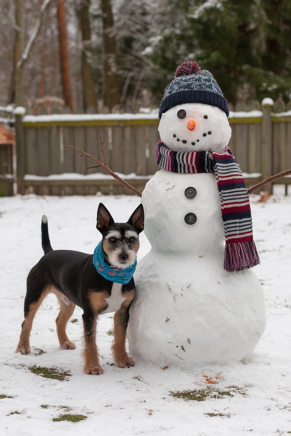 Norfolk Terrier beside a snowman in a snowy setting