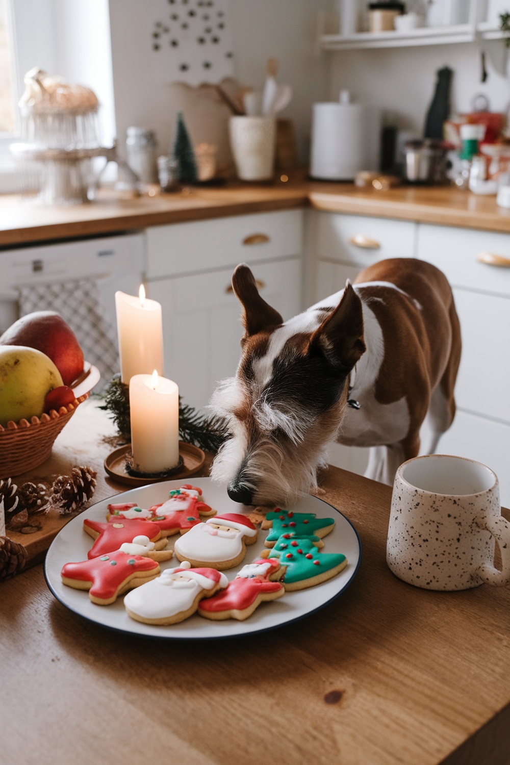 A Norfolk Terrier sniffing a plate of decorated Christmas cookies on a wooden table.