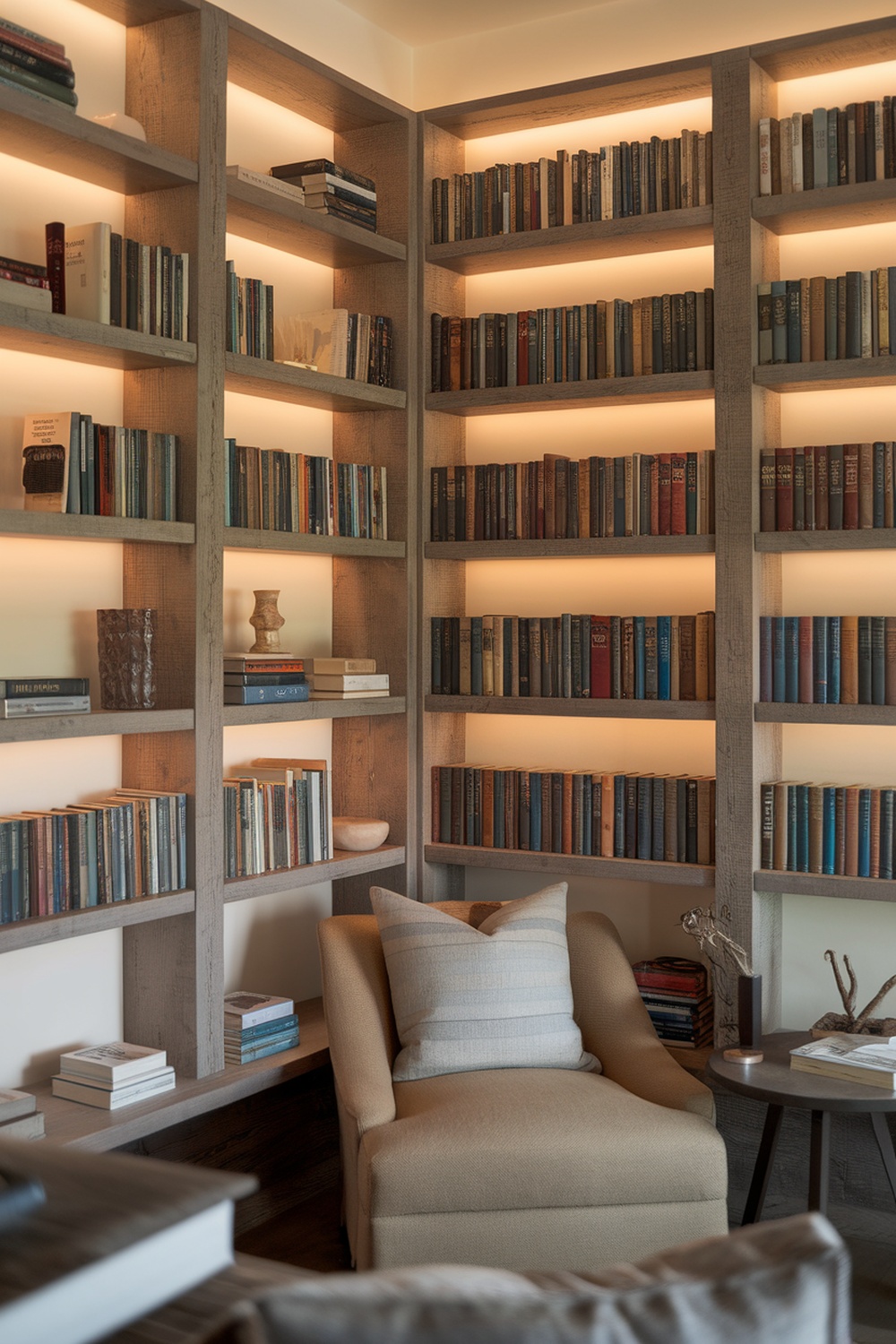 A cozy home library with neatly organized bookshelves and a comfortable chair.