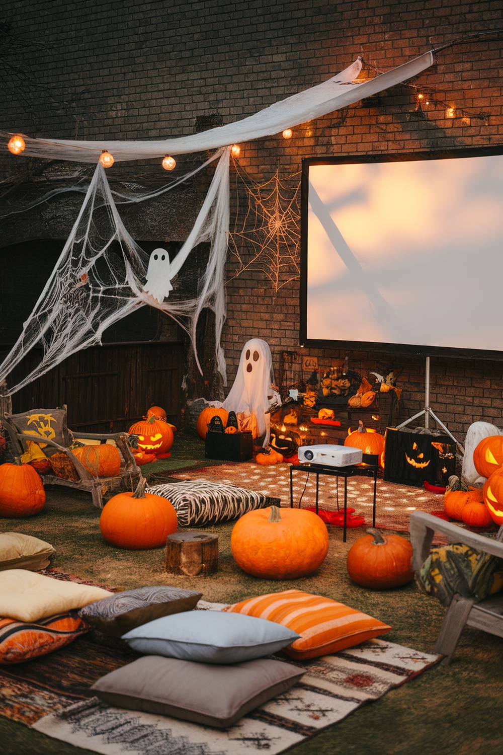 A cozy outdoor Halloween movie night setup with pumpkins, cushions, and spooky decorations.