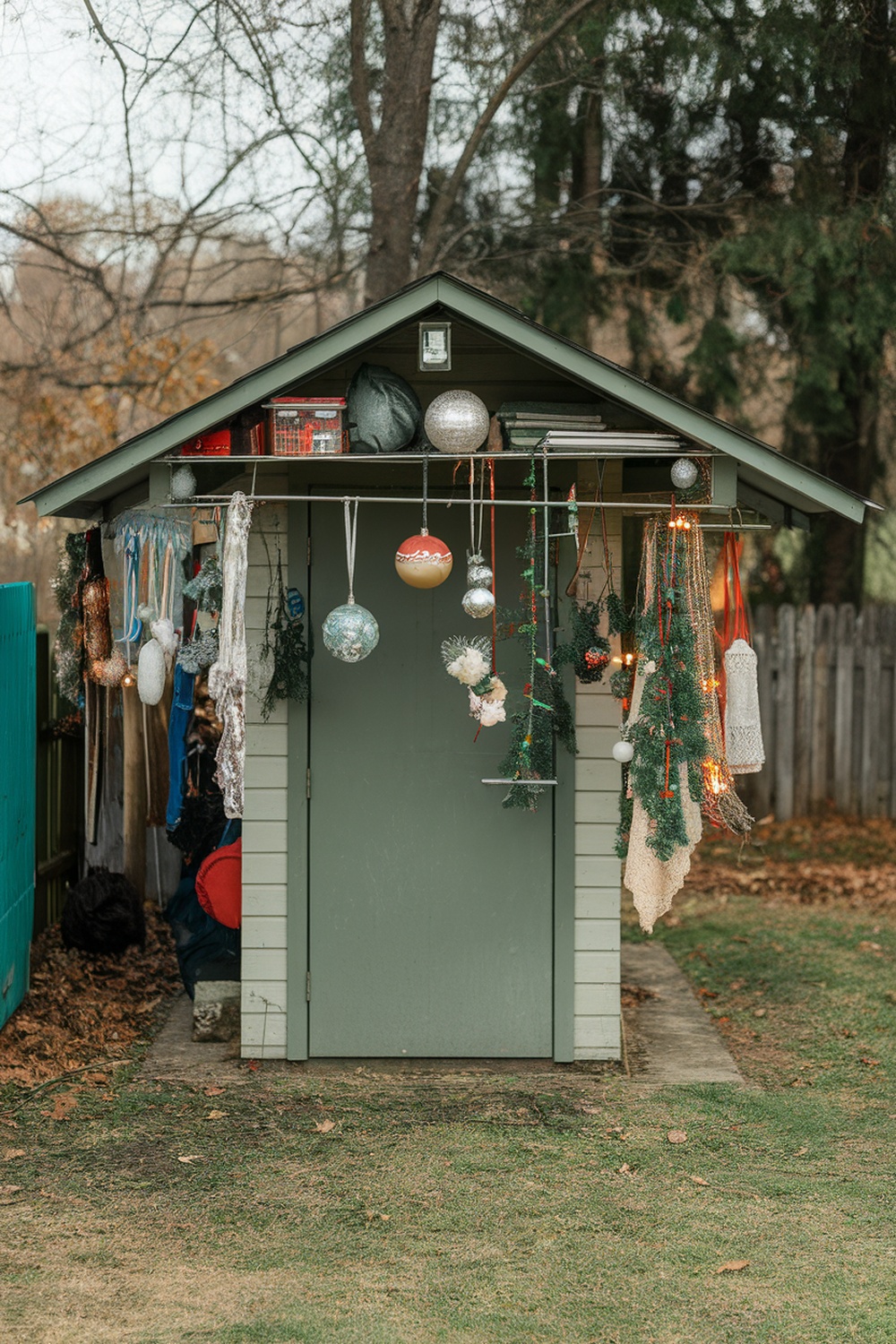 A small shed with overhead storage displaying various hanging items.
