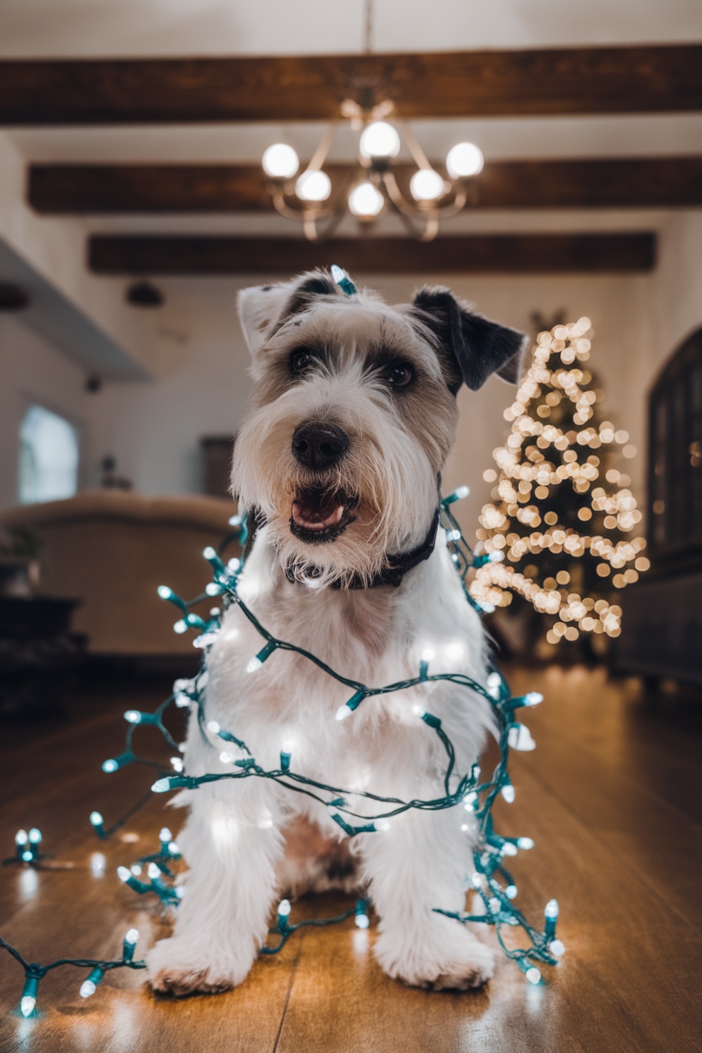 A terrier dog wrapped in Christmas lights, smiling in a festive setting.