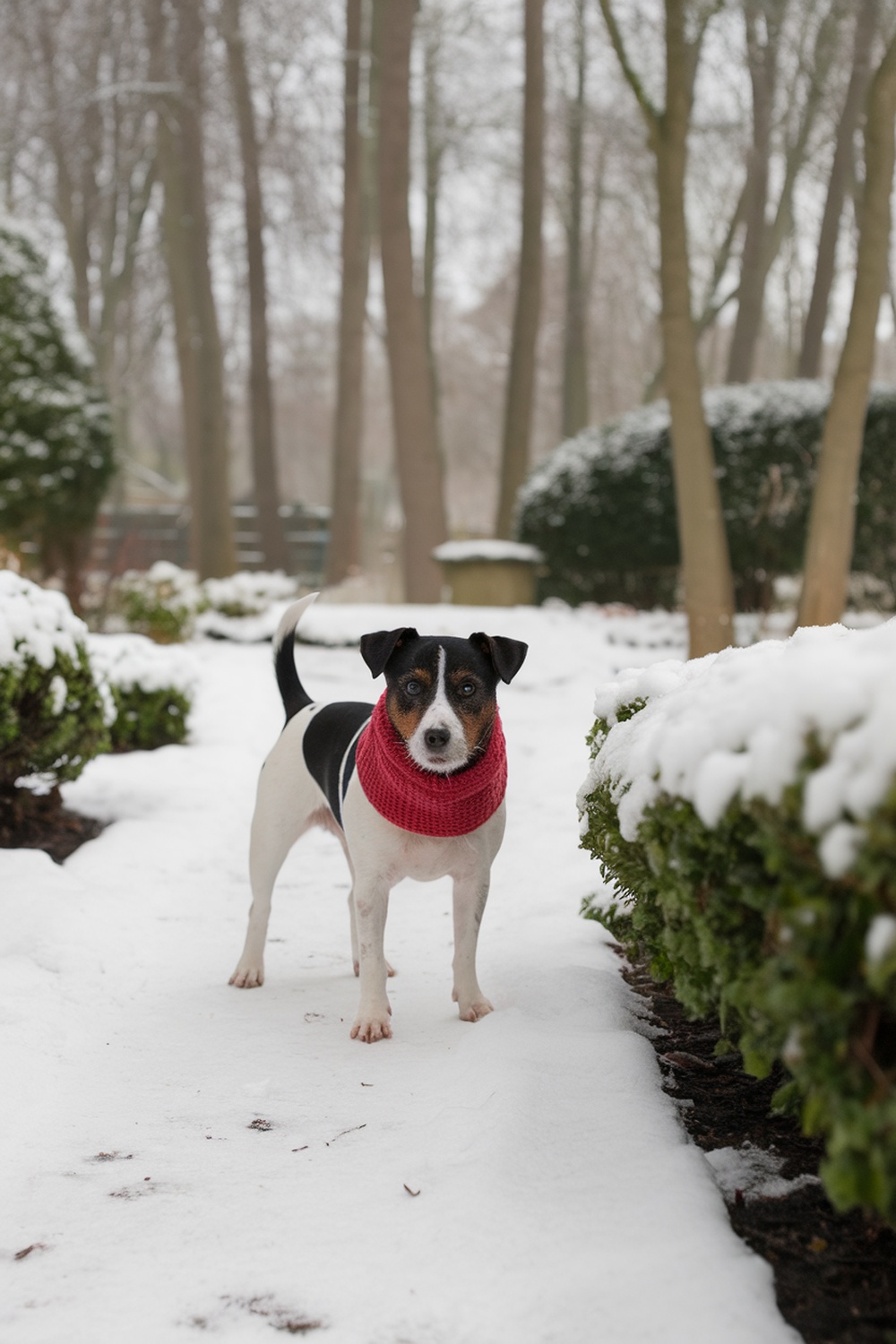 A Parson Russell Terrier wearing a red winter scarf standing in the snow