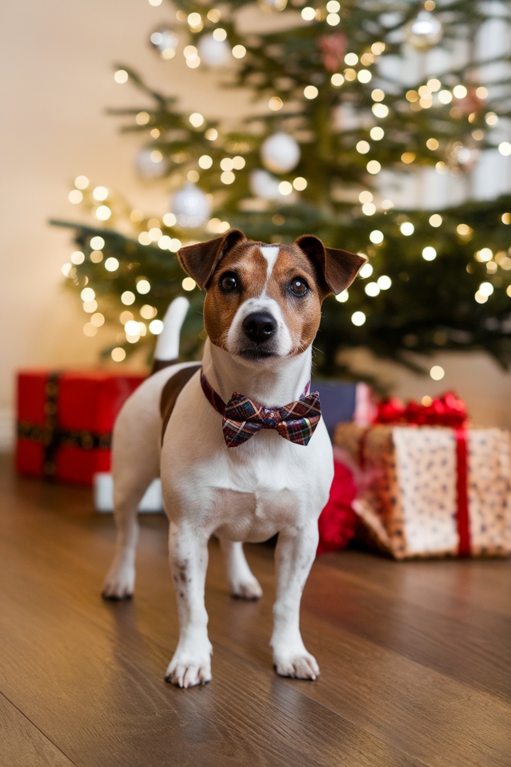 Parson Russell Terrier wearing a festive bowtie in front of a Christmas tree and presents.