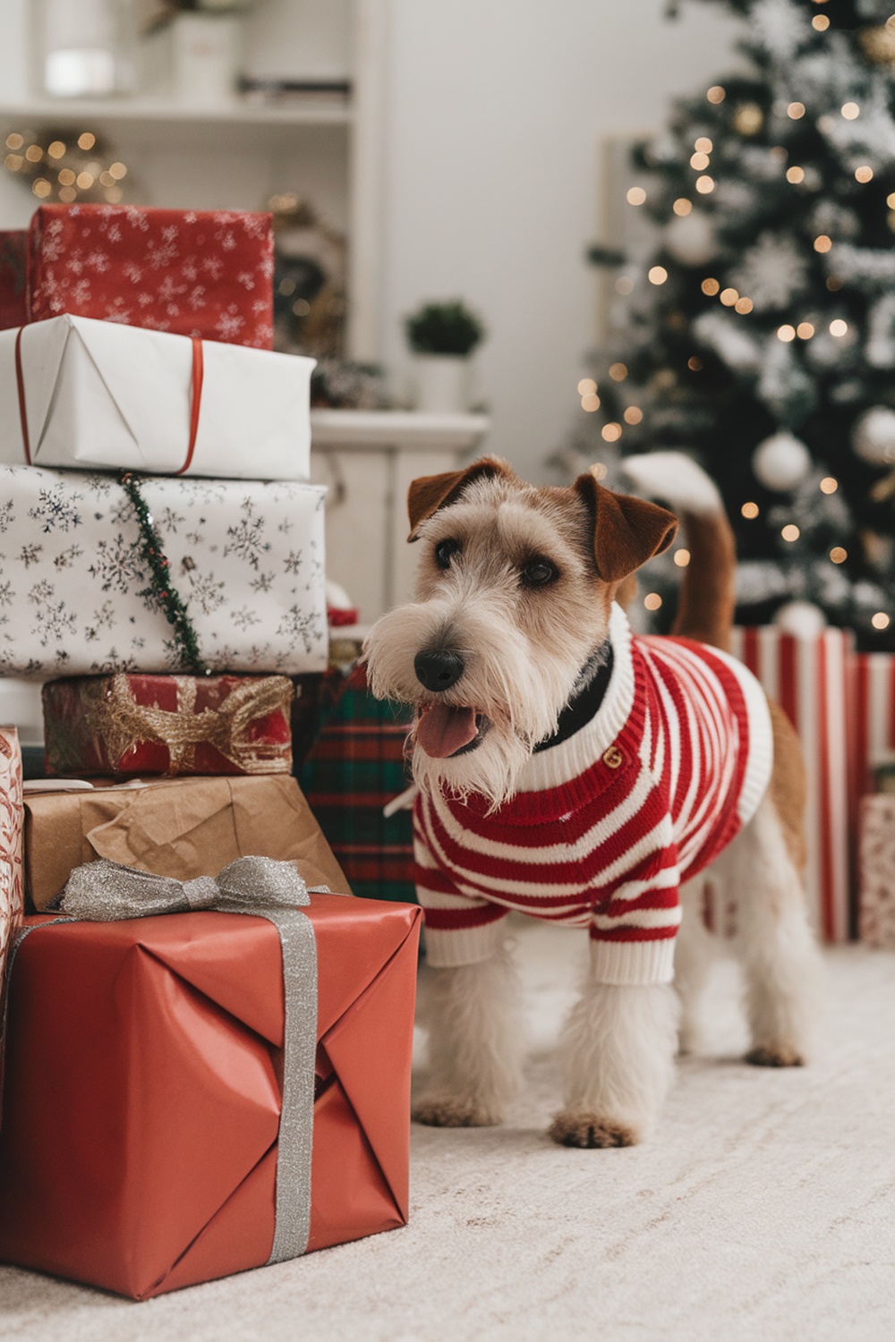 A Patterdale Terrier in a striped sweater stands beside Christmas presents.