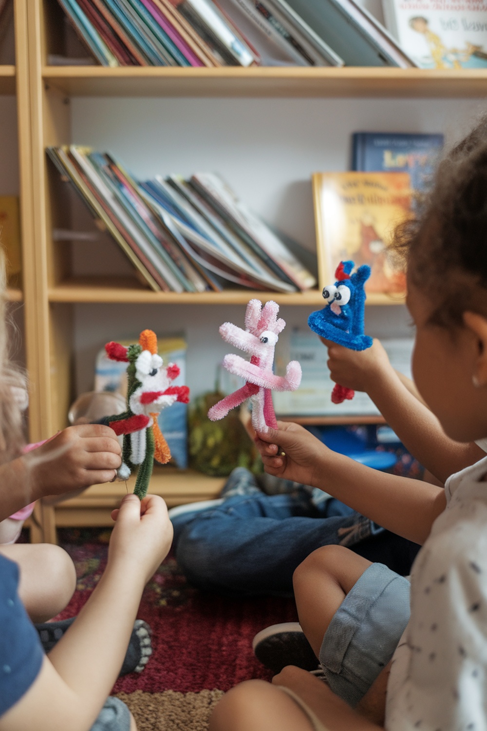 Children holding colorful pipe cleaner puppets while sitting on the floor.