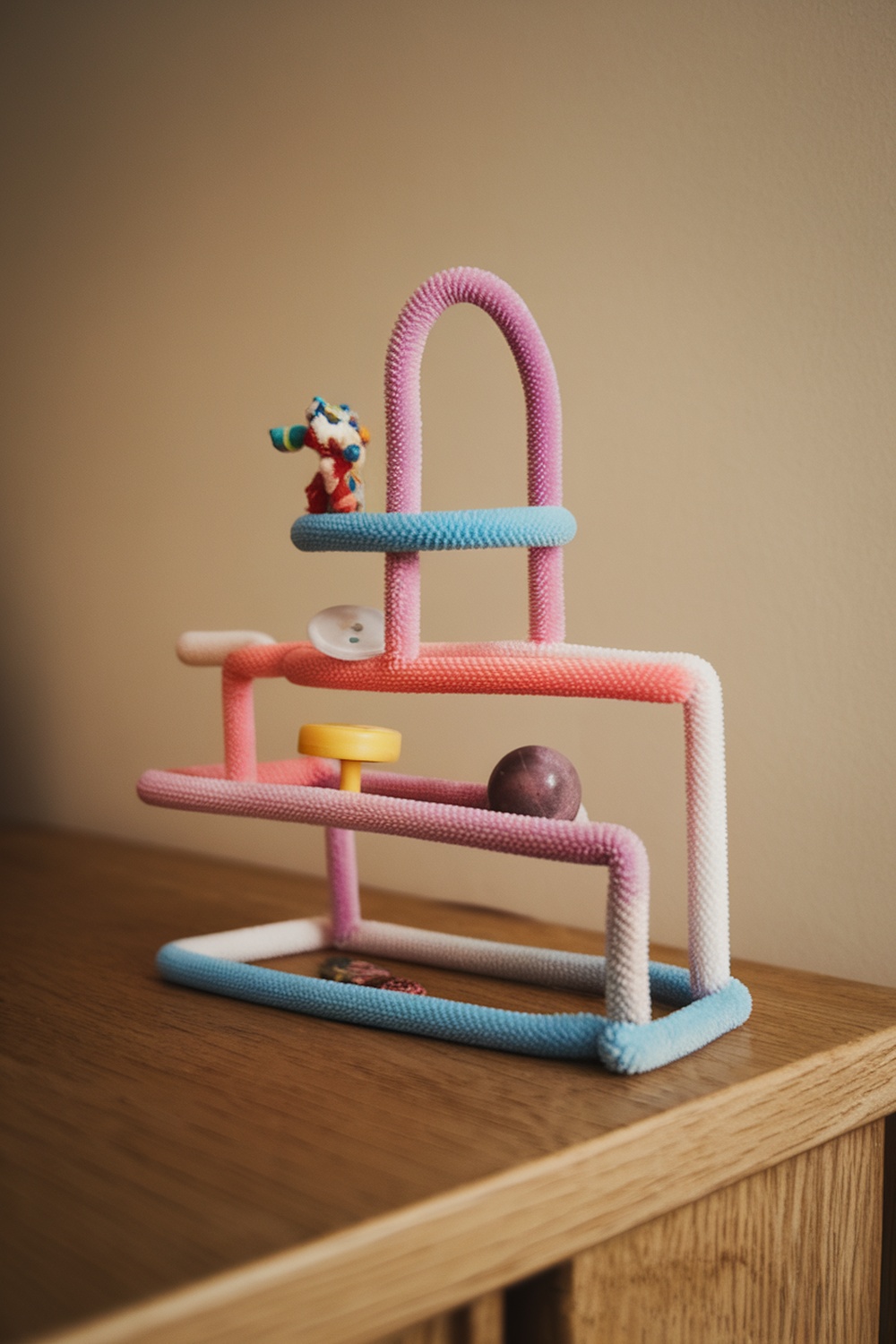 Colorful pipe cleaner display stand with small toys and objects on it.