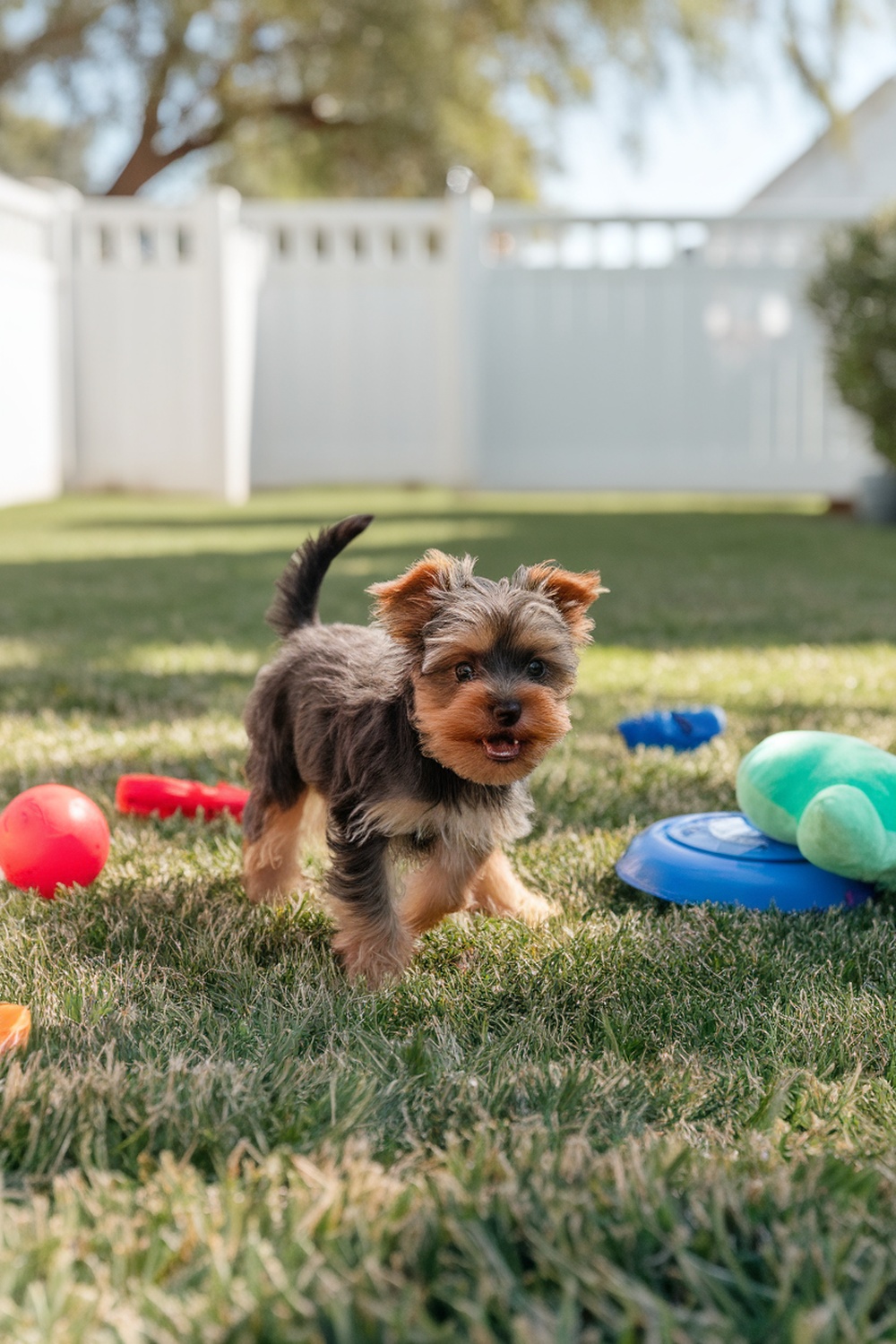 A playful brown Yorkie puppy in a yard surrounded by colorful toys.